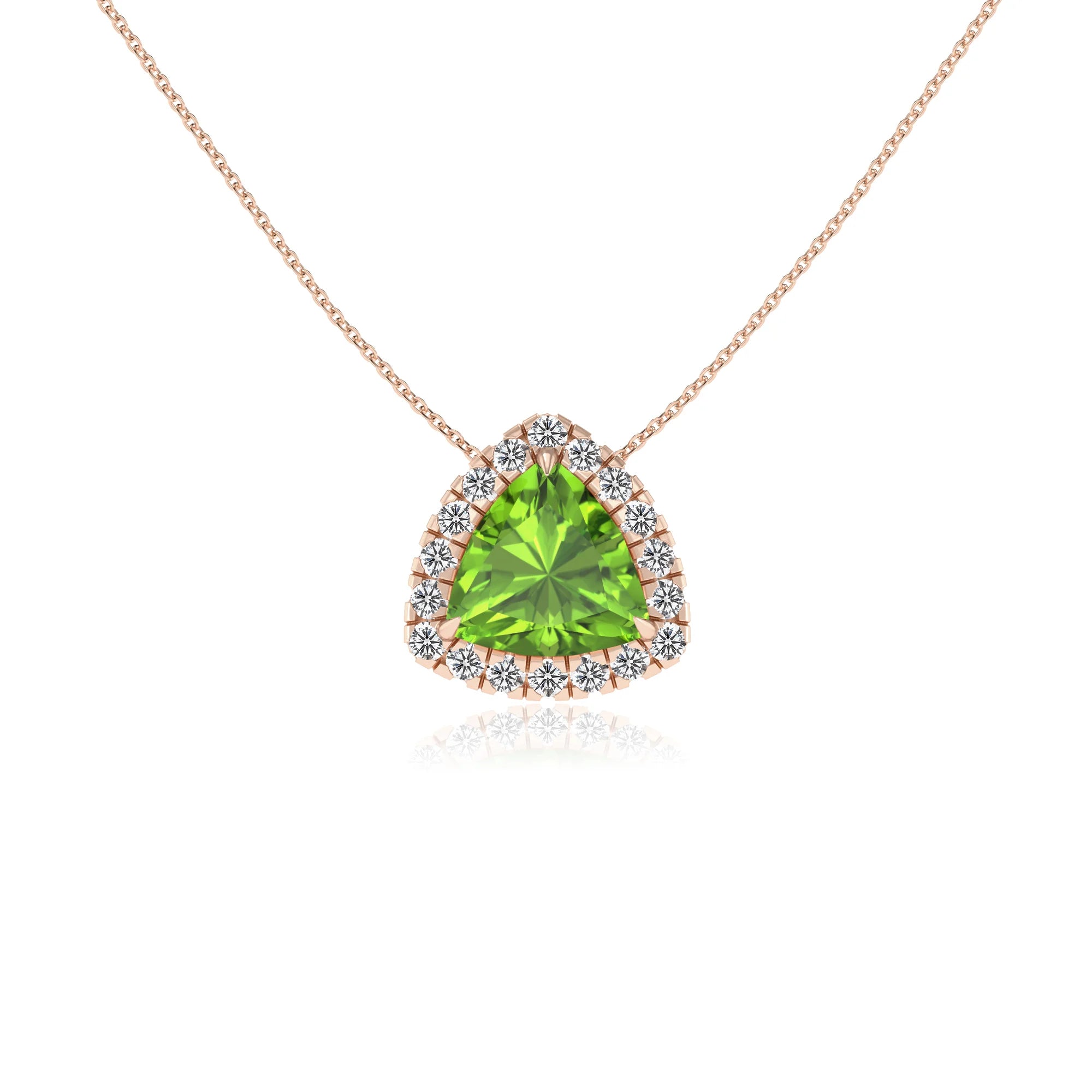 natural peridot trillion solitaire necklaces in rose gold