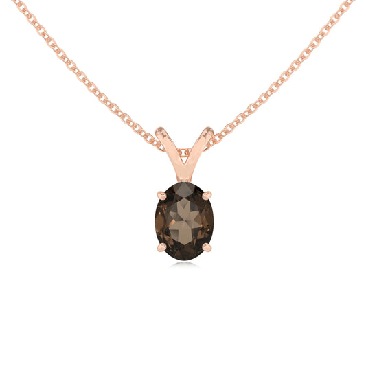 natural smoky-quartz oval solitaire v-bale necklaces in rose gold
