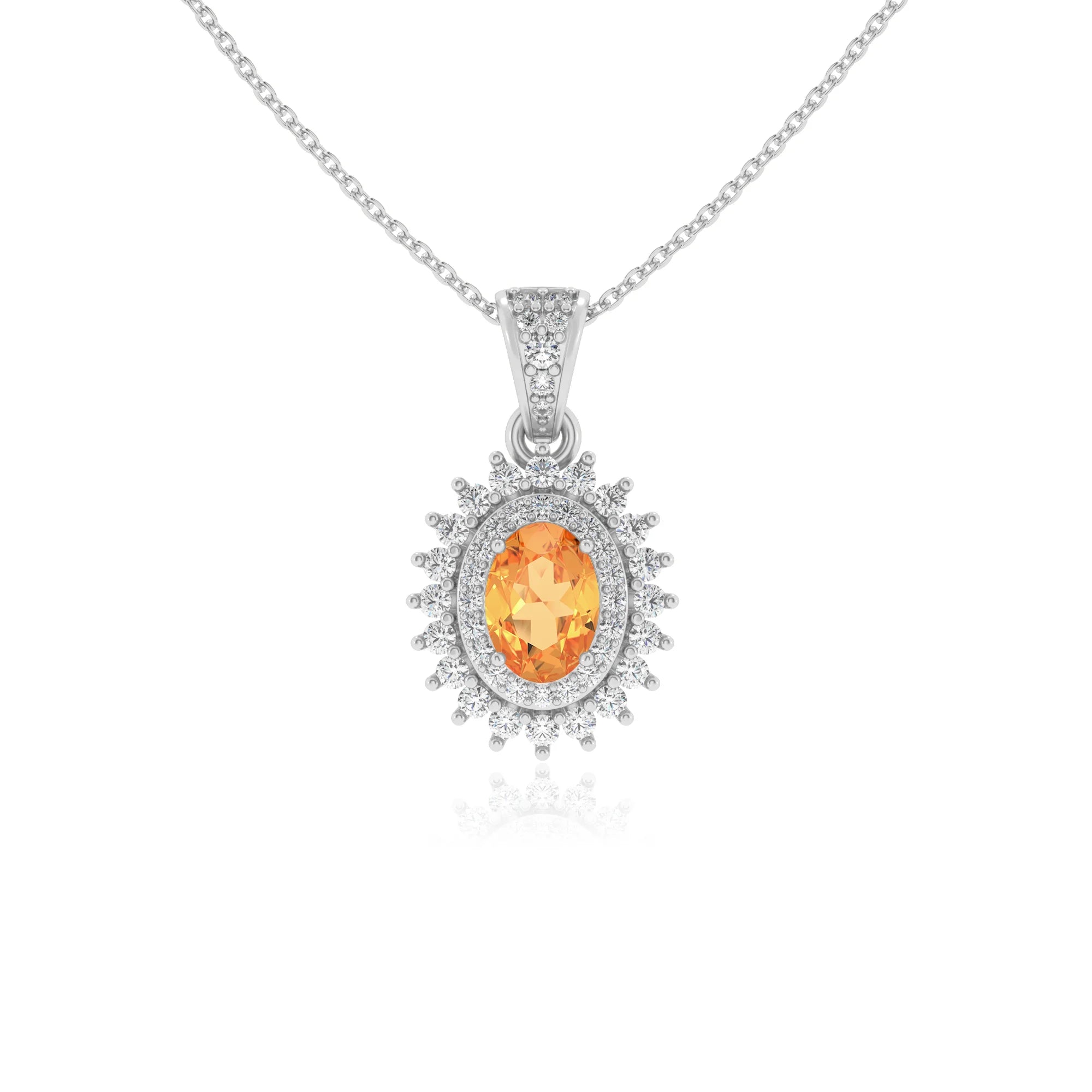 lab grown citrine oval halo necklaces in white gold
