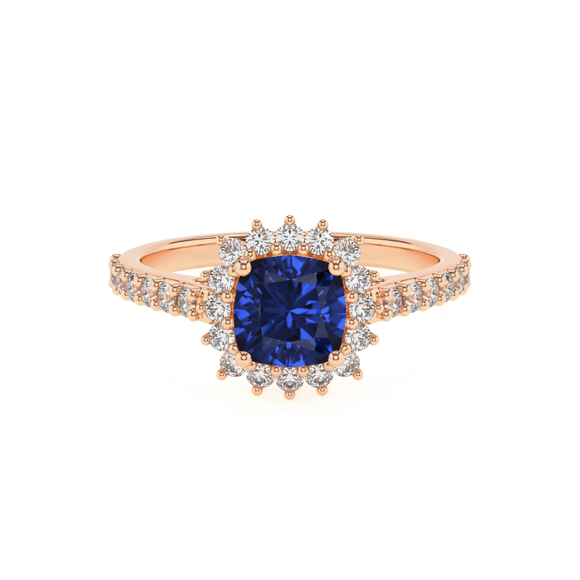 lab grown blue-sapphire cushion solitaire rings in rose gold