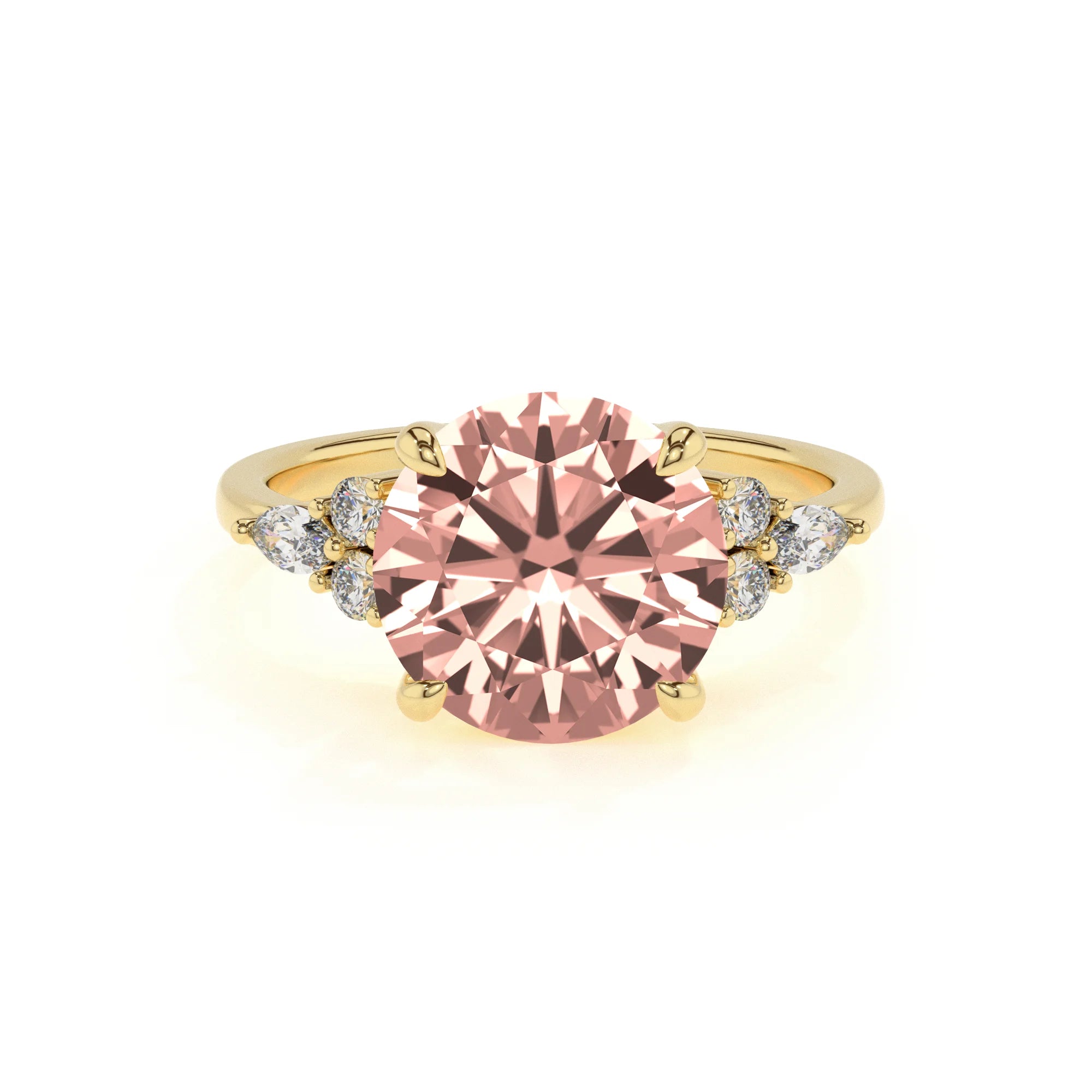 lab grown morganite round solitaire rings in yellow gold