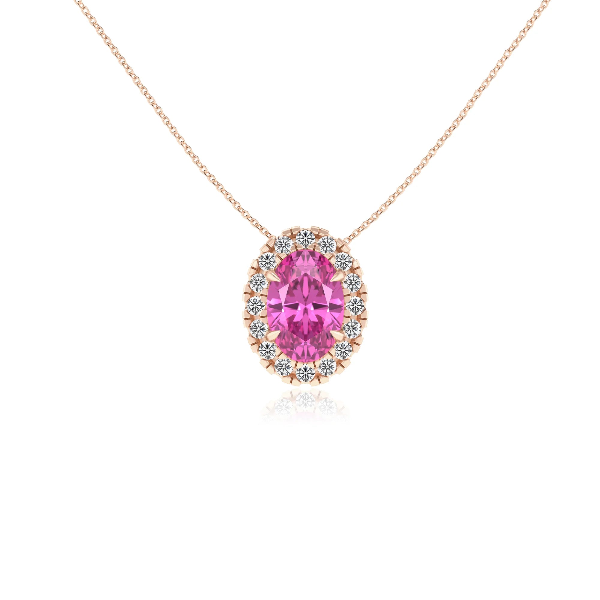 lab grown pink sapphire oval solitaire necklaces in rose gold