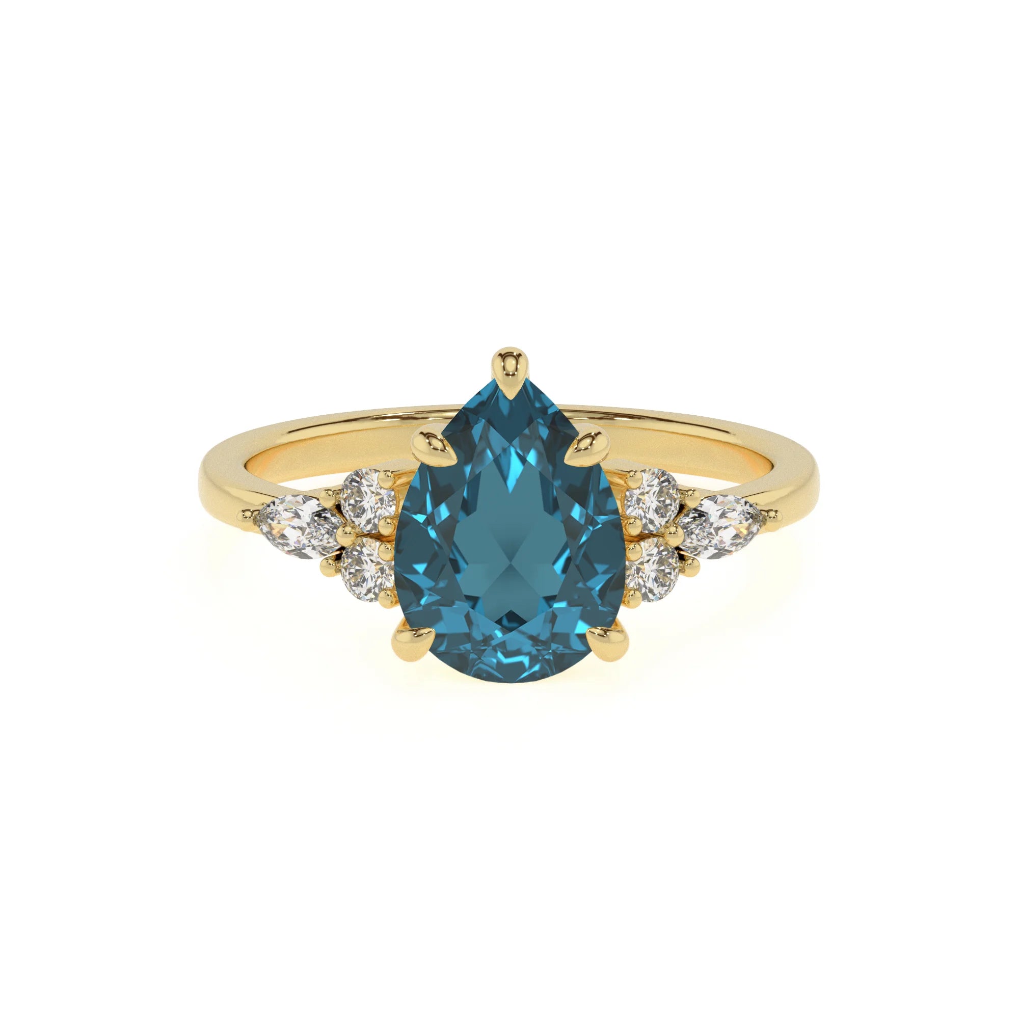natural london-blue-topaz pear solitaire rings in yellow gold