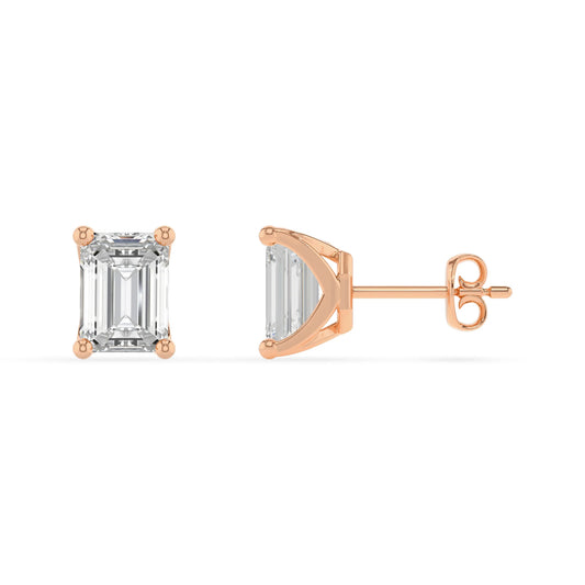 lab grown moissanite emerald cut stud earrings in rose gold