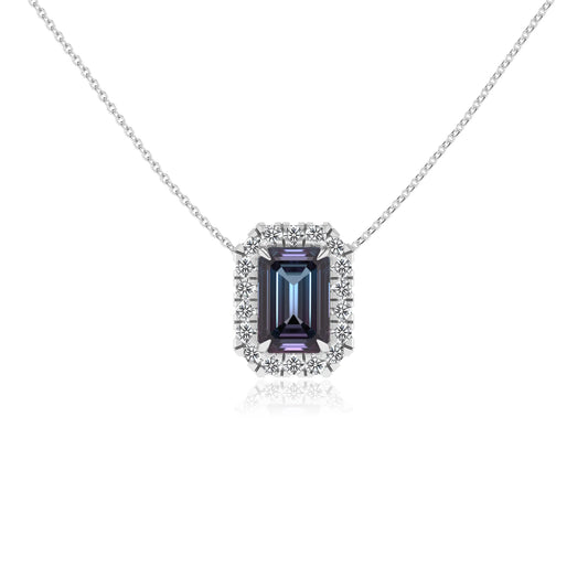 lab grown alexandrite emerald cut solitaire necklaces in sterling silver
