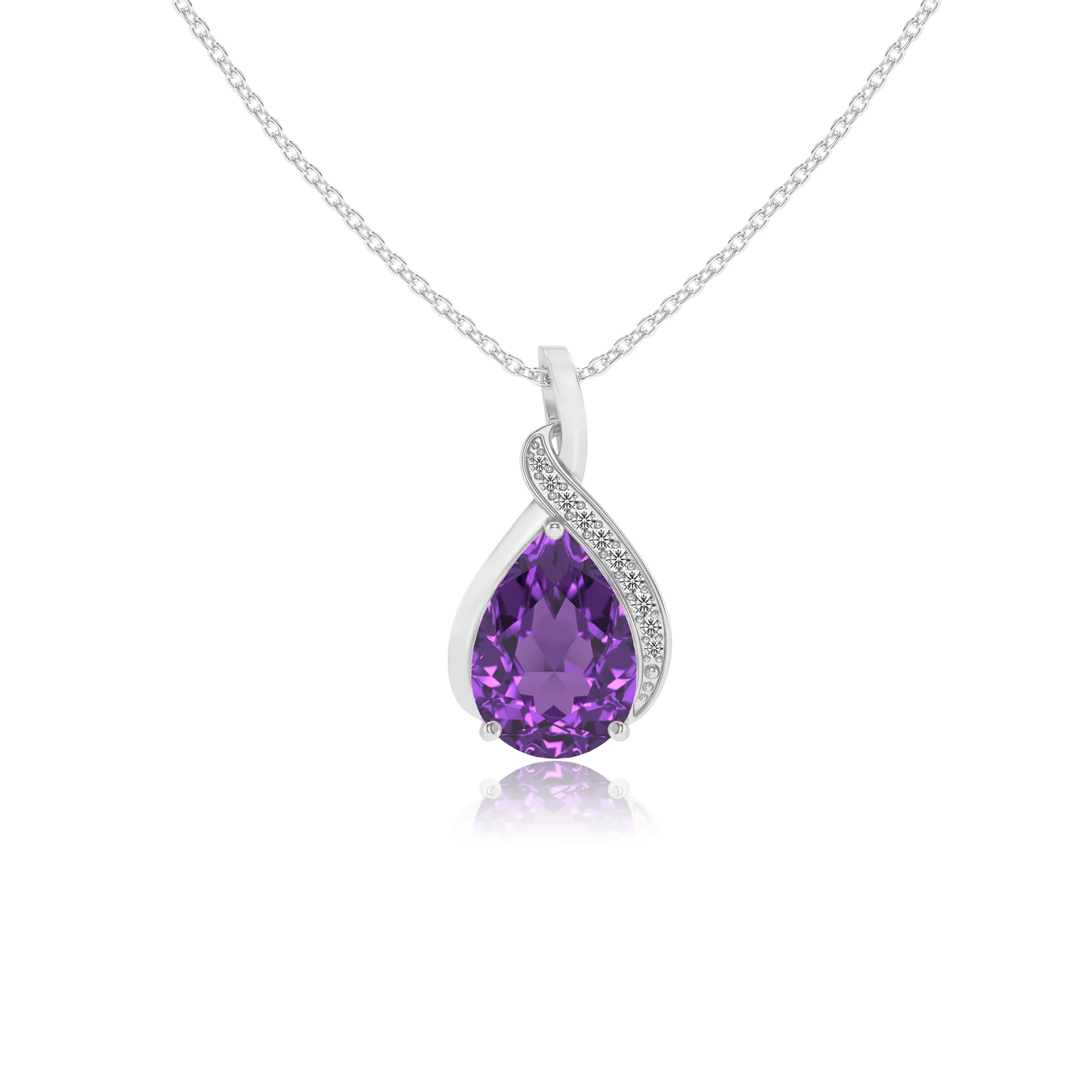 lab grown amethyst pear solitaire necklaces in sterling silver