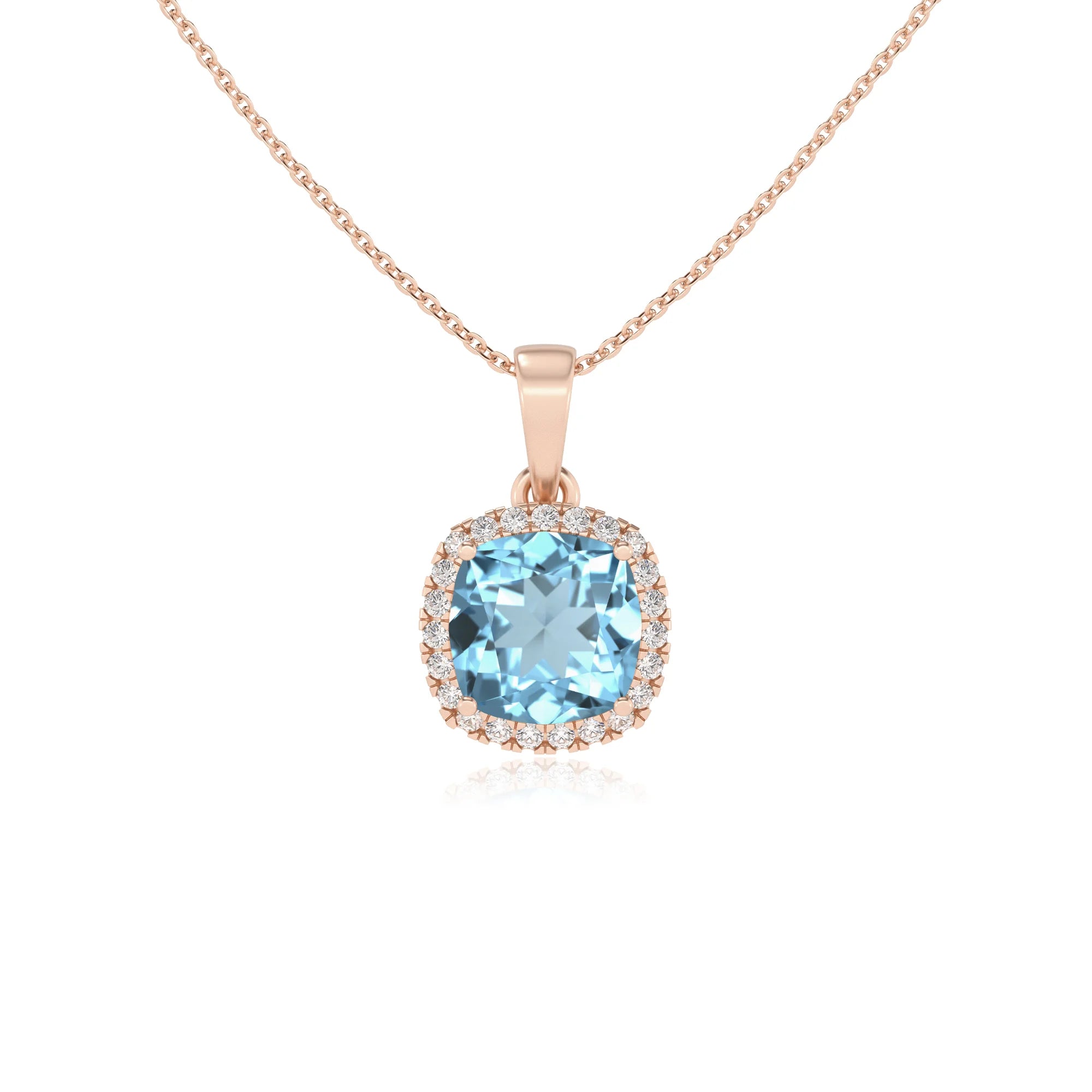 lab grown aquamarine cushion solitaire necklaces in rose gold