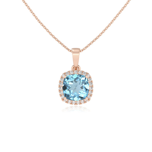 lab grown aquamarine cushion solitaire necklaces in rose gold