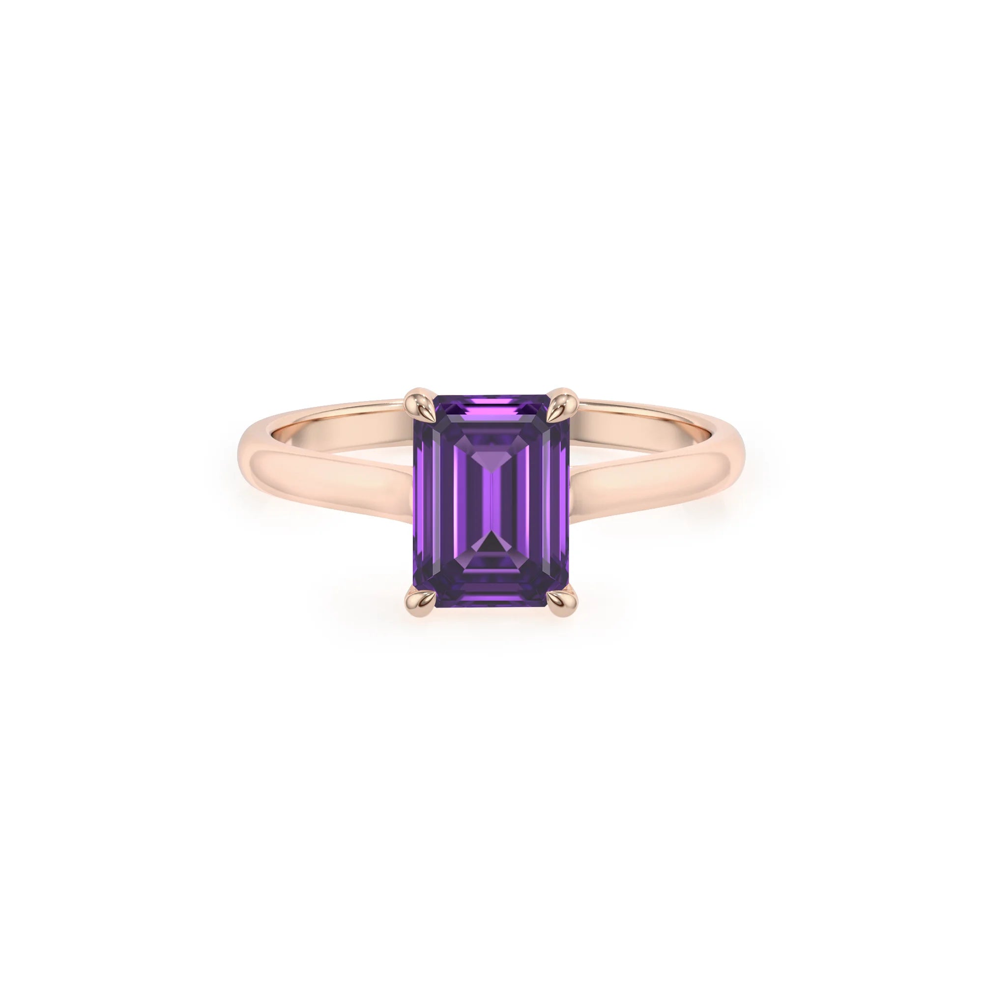 lab grown amethyst emerald cut solitaire rings in rose gold