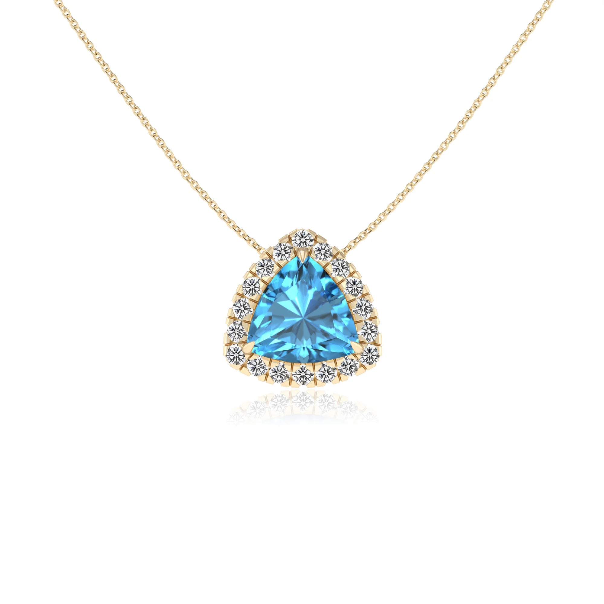 natural swiss blue topaz trillion solitaire necklaces in yellow gold