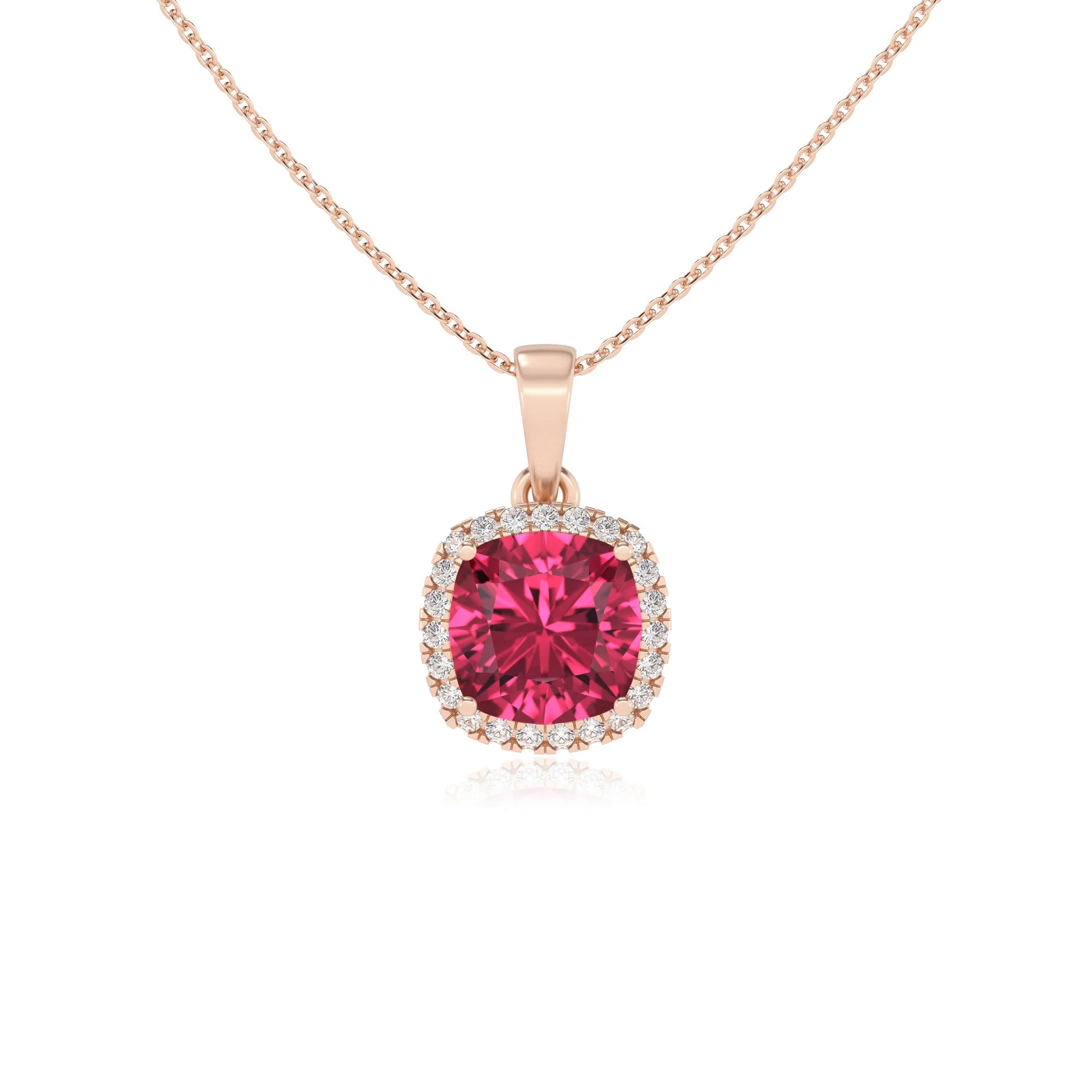 lab grown pink-tourmaline cushion solitaire necklaces in rose gold