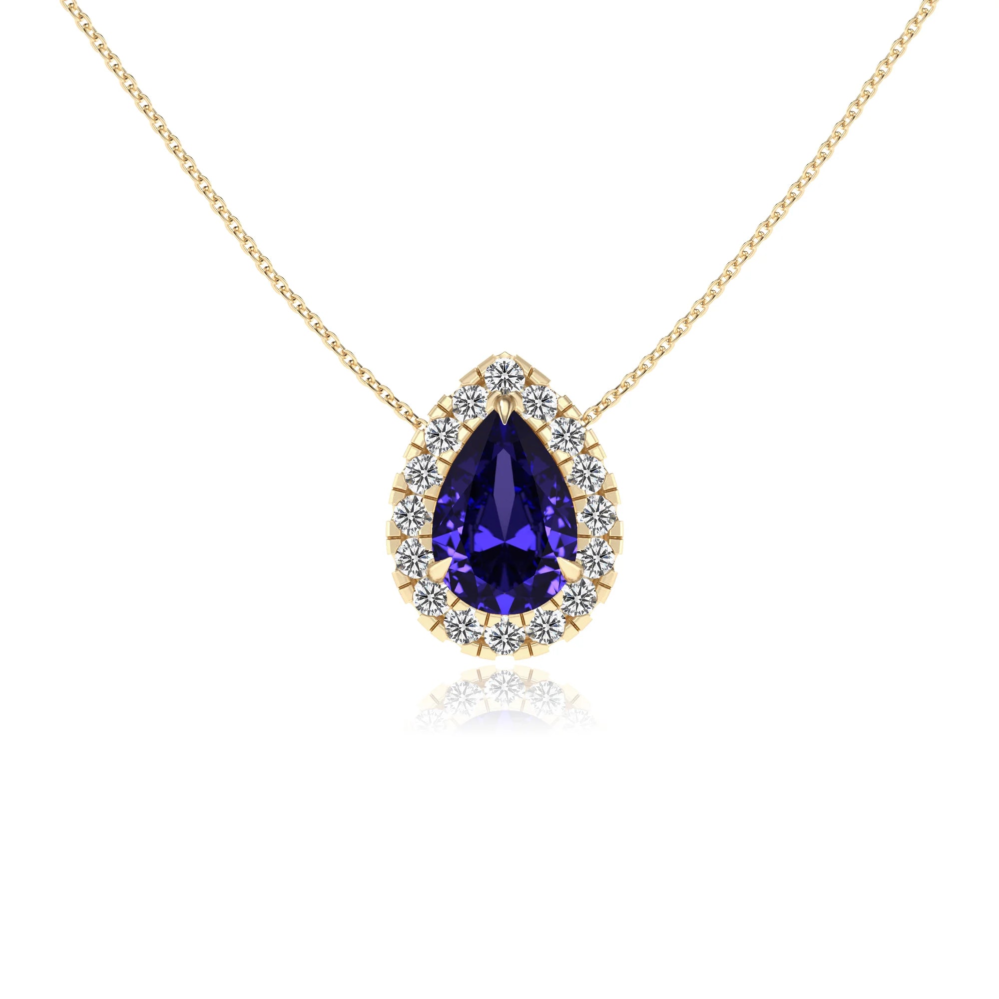 lab grown tanzanite pear solitaire necklaces in yellow gold