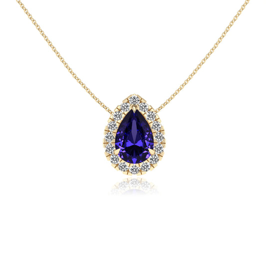 lab grown tanzanite pear solitaire necklaces in yellow gold
