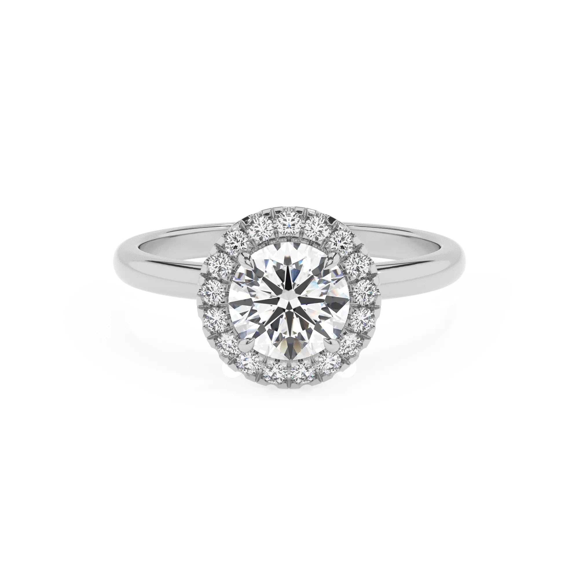 lab grown moissanite round solitaire rings in white gold