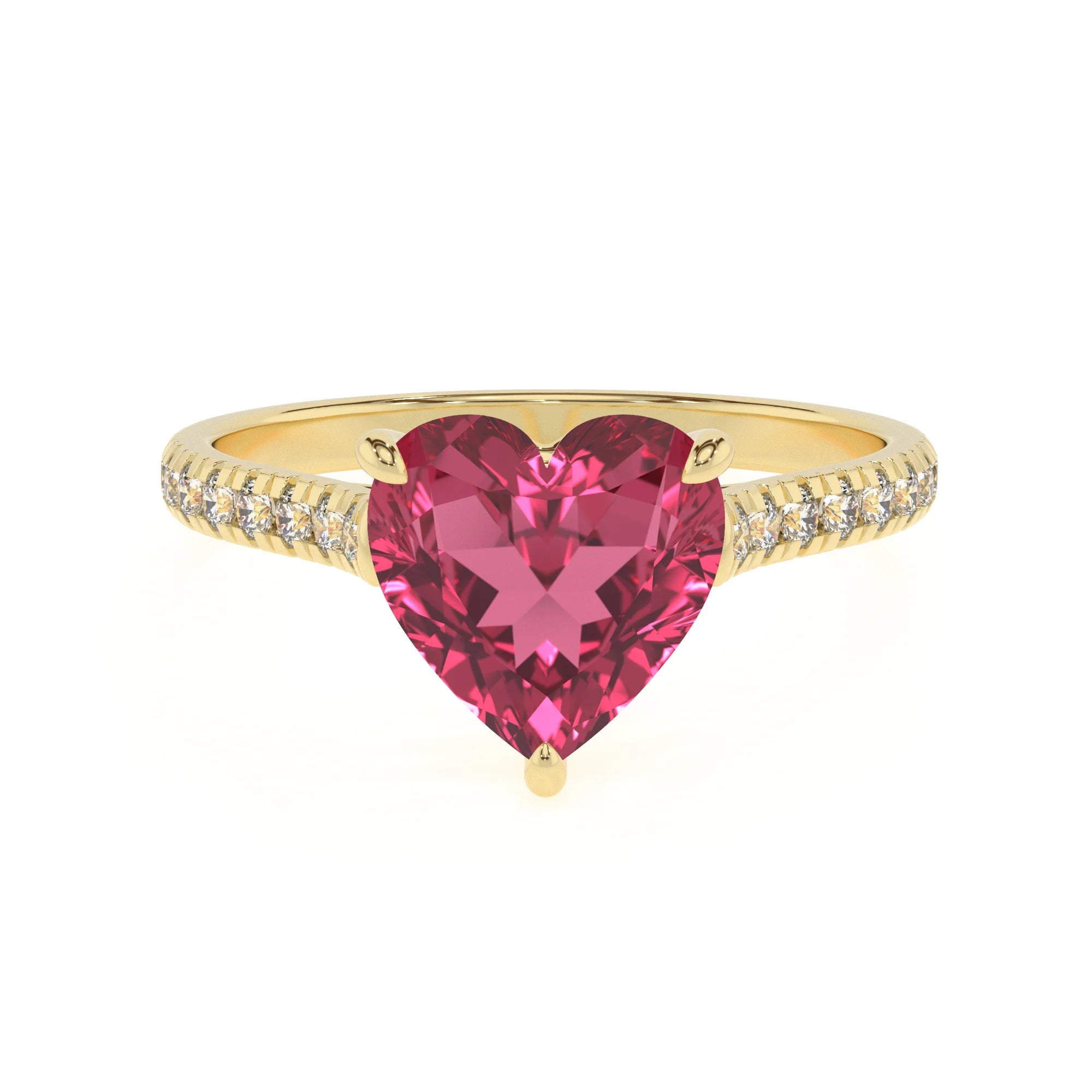 lab grown pink-tourmaline heart half eternity solitaire engagement rings in yellow gold