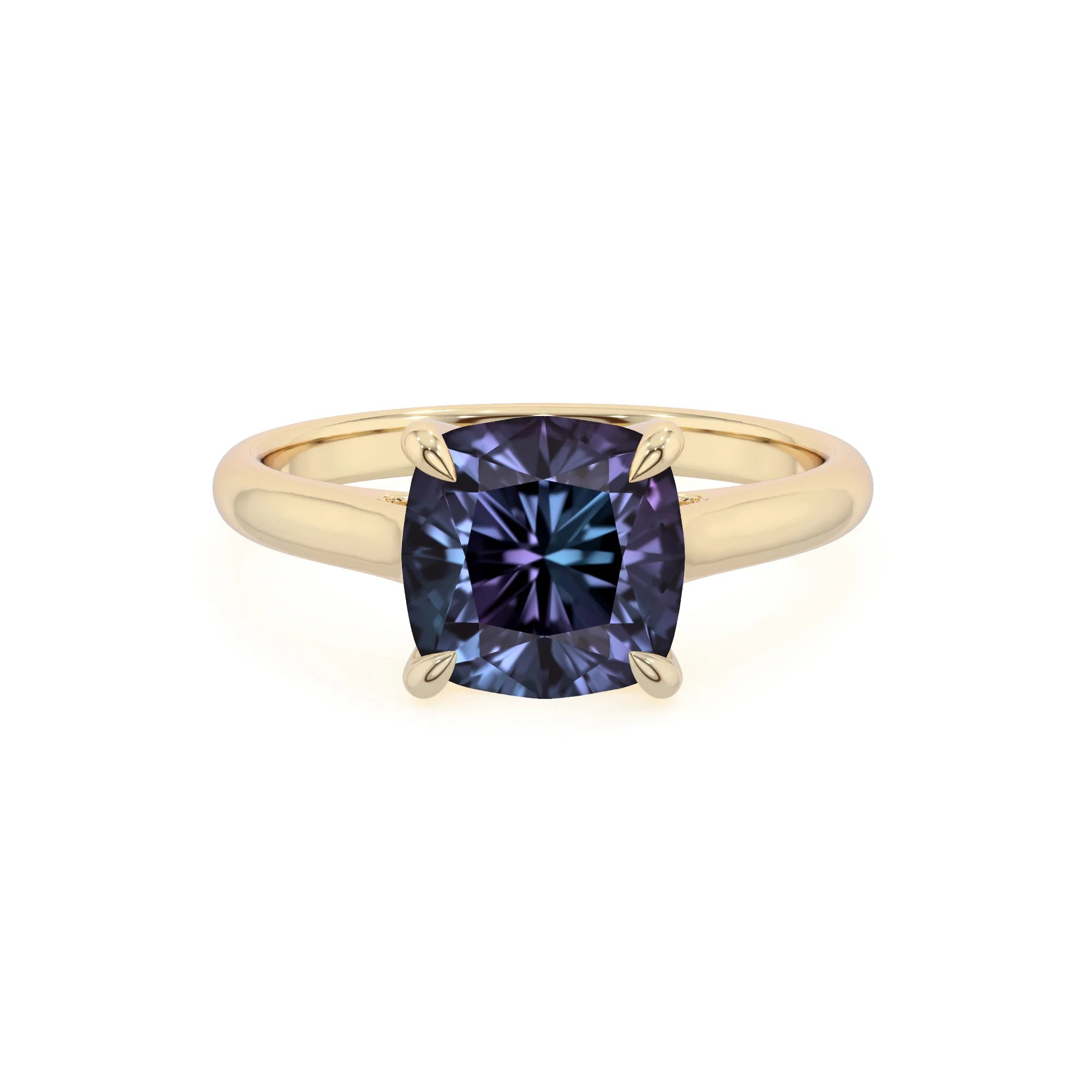 lab grown alexandrite cushion solitaire rings in yellow gold