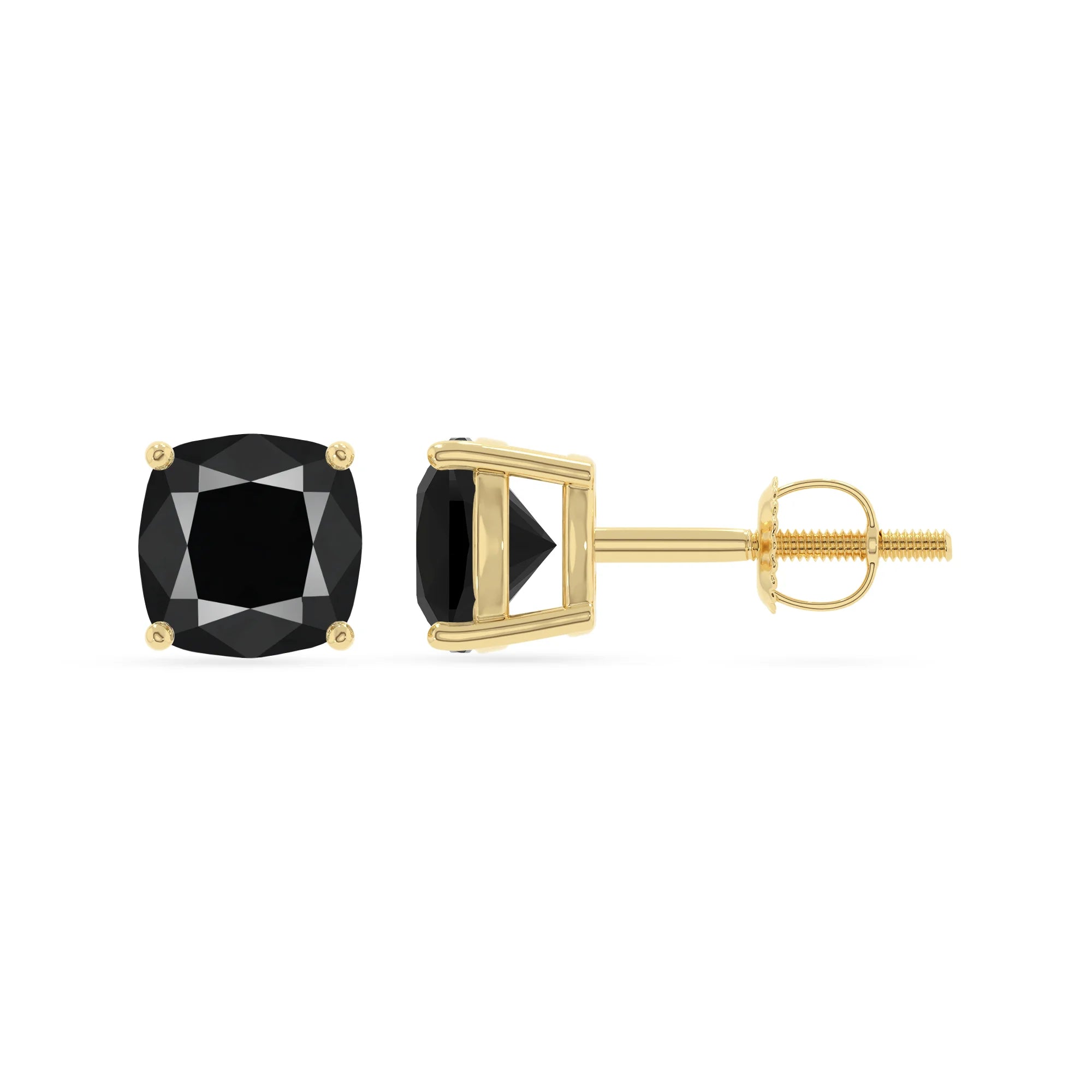 natural black onyx cushion stud earrings in yellow gold