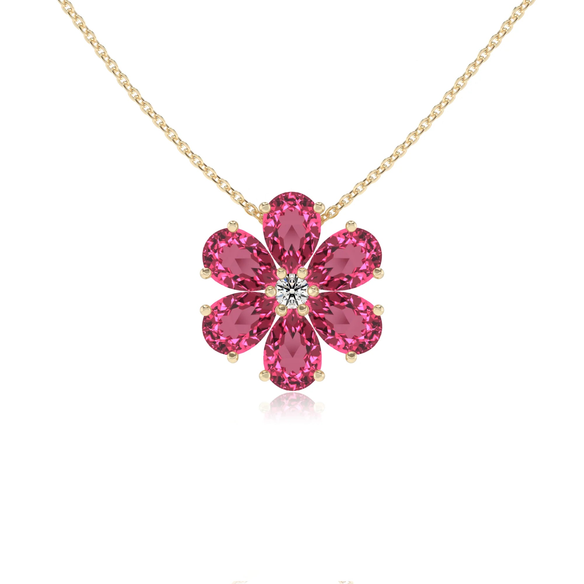 lab grown pink-tourmaline pear solitaire necklaces in yellow gold
