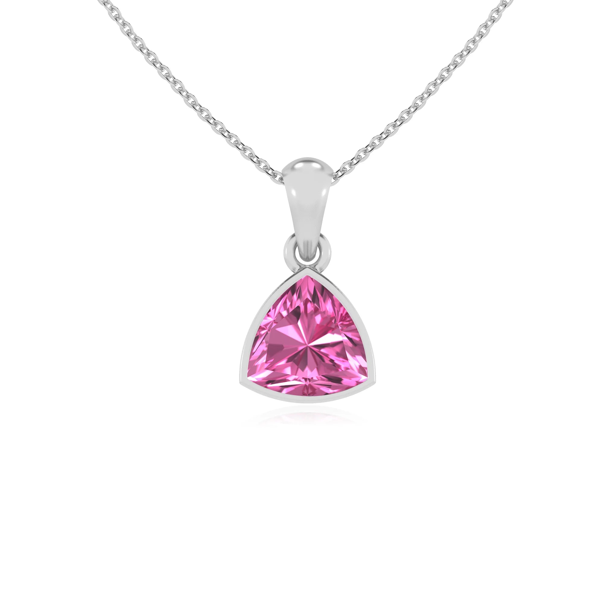lab grown pink-sapphire trillion solitaire necklaces in white gold