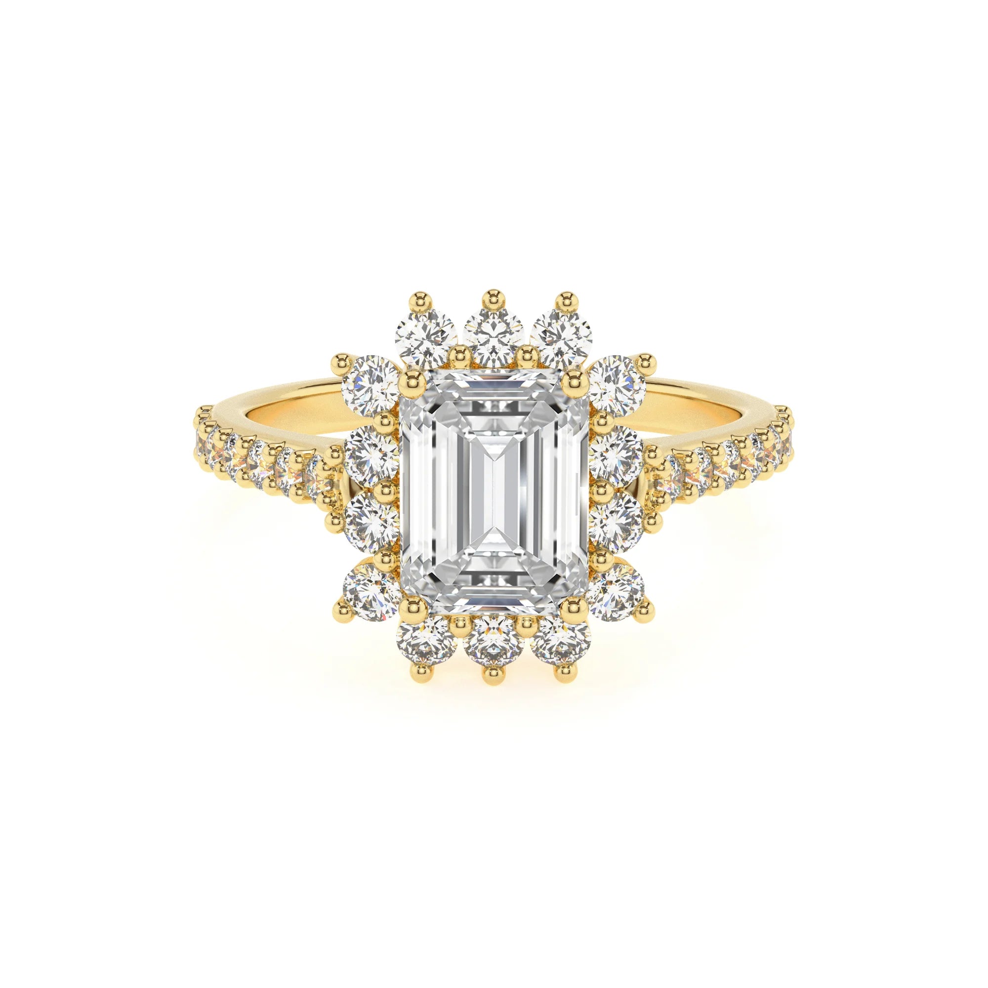 lab grown moissanite emerald cut solitaire rings in yellow gold
