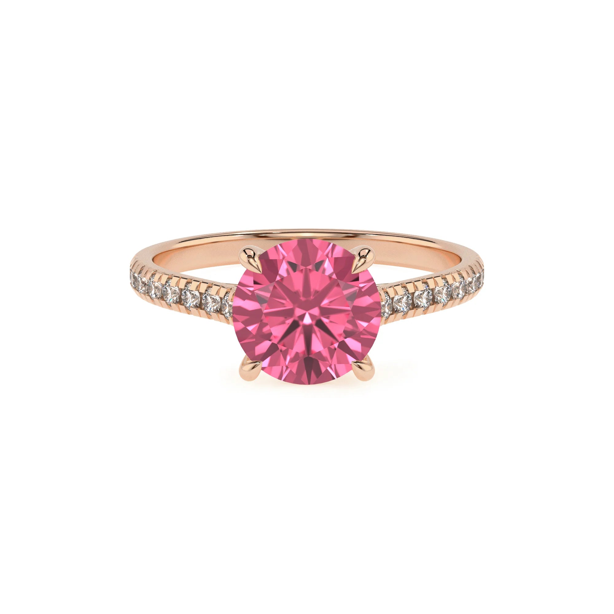 lab grown pink-tourmaline round half eternity solitaire engagement rings in rose gold