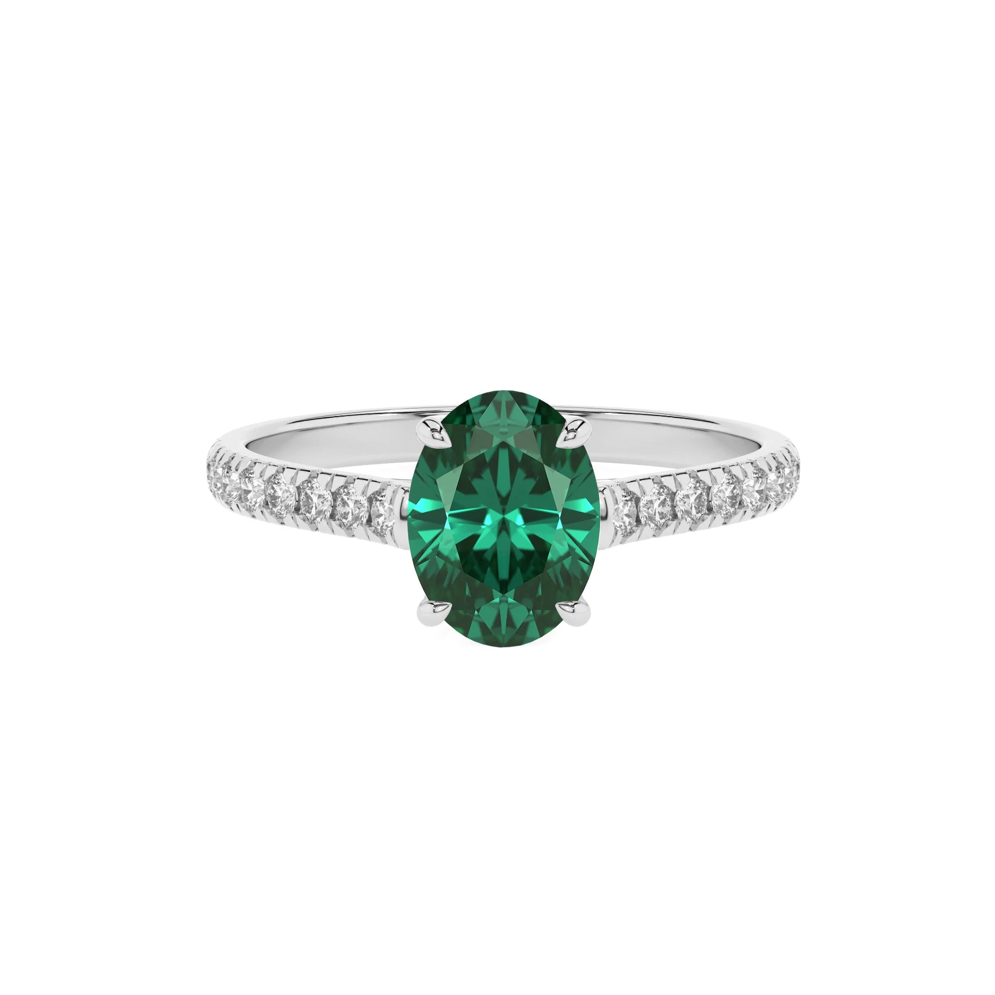 lab grown emerald oval half eternity solitaire engagement rings in sterling silver