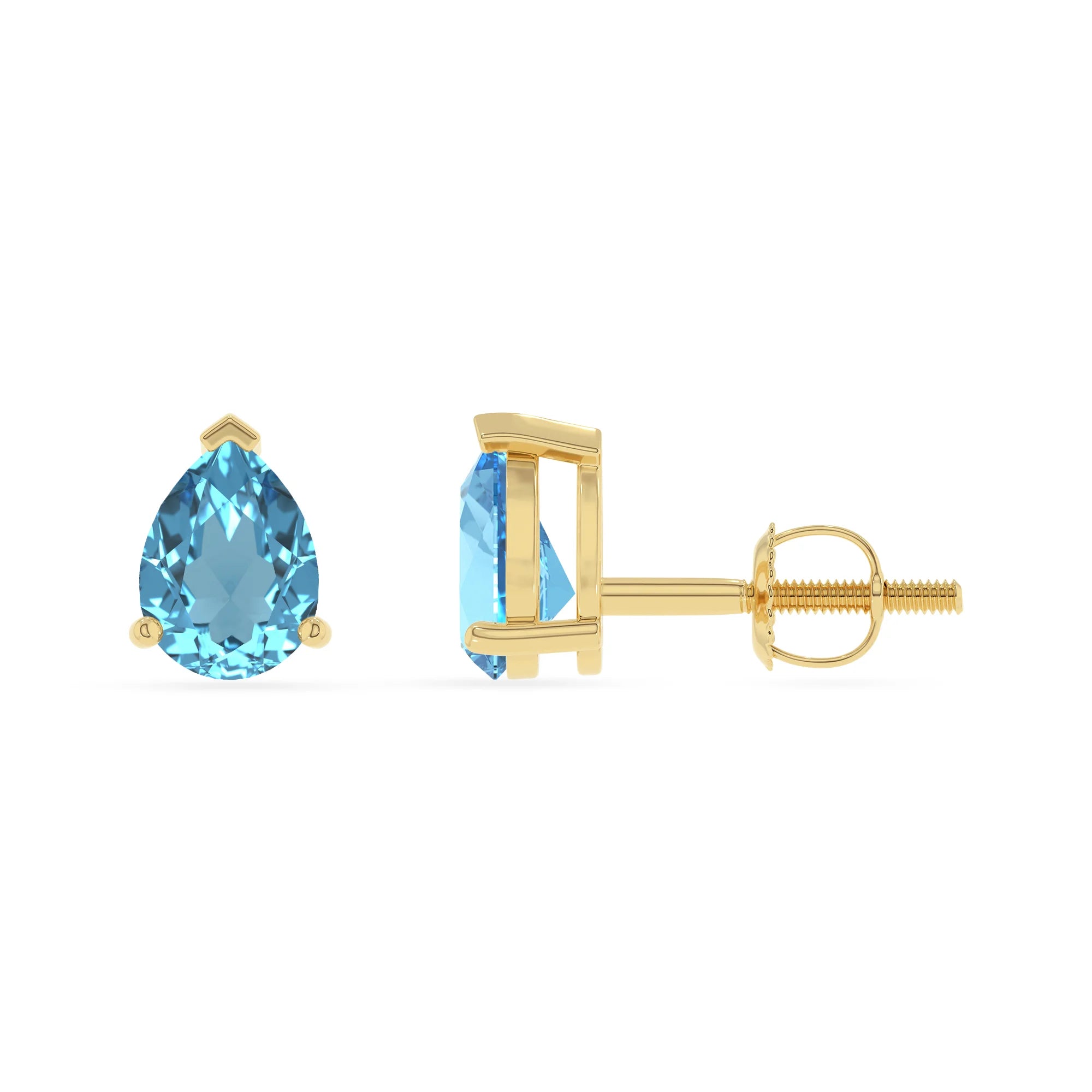natural swiss blue topaz pear stud earrings in yellow gold
