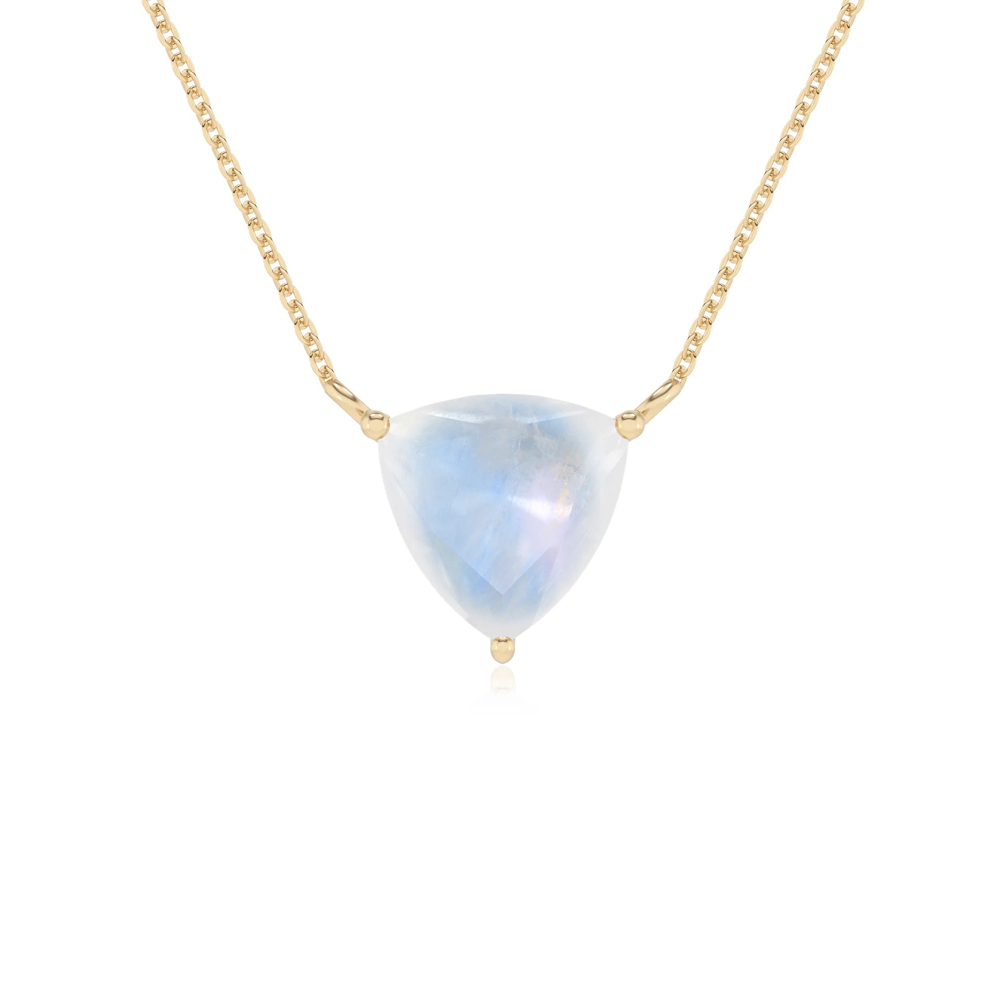 natural rainbow-moonstone trillion solitaire necklaces in yellow gold
