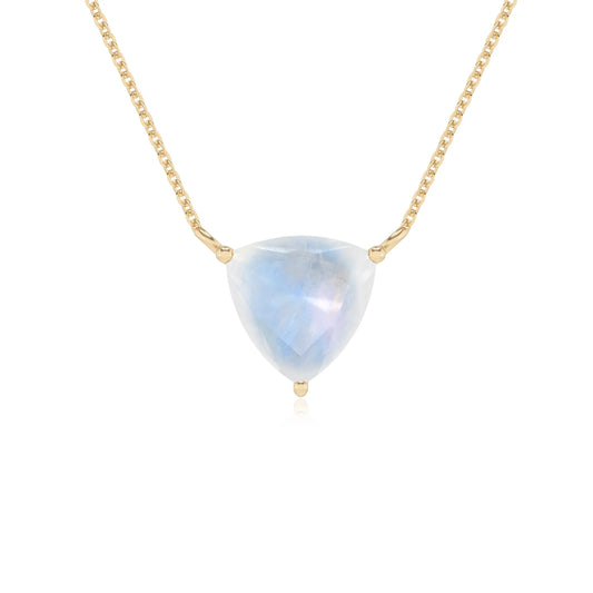natural rainbow-moonstone trillion solitaire necklaces in yellow gold