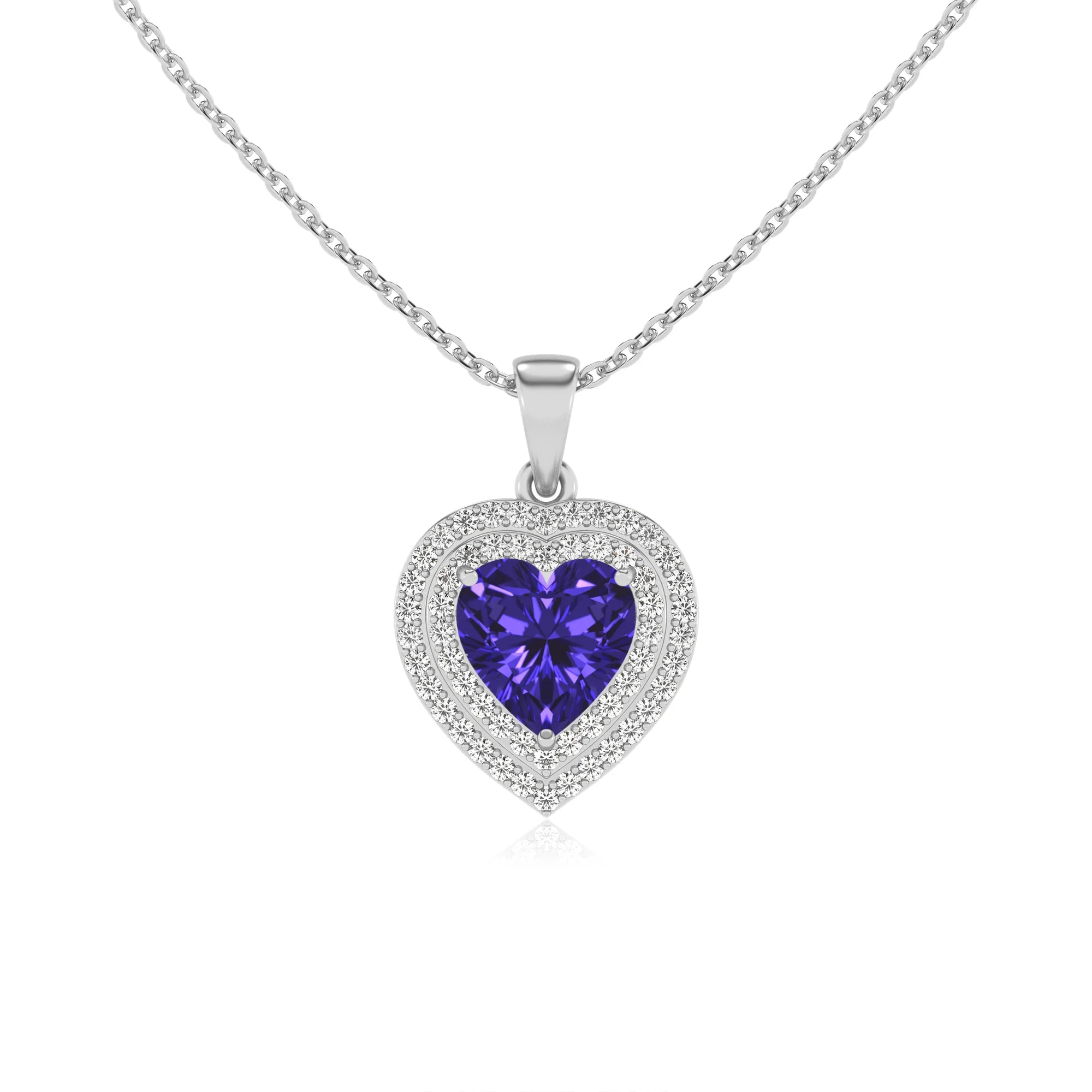 lab grown tanzanite heart halo necklaces in white gold