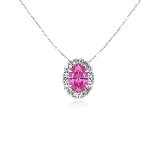 lab grown pink sapphire oval solitaire necklaces in white gold