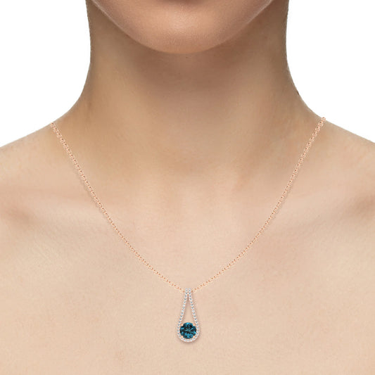 natural london-blue-topaz round solitaire v-bale necklaces in rose gold