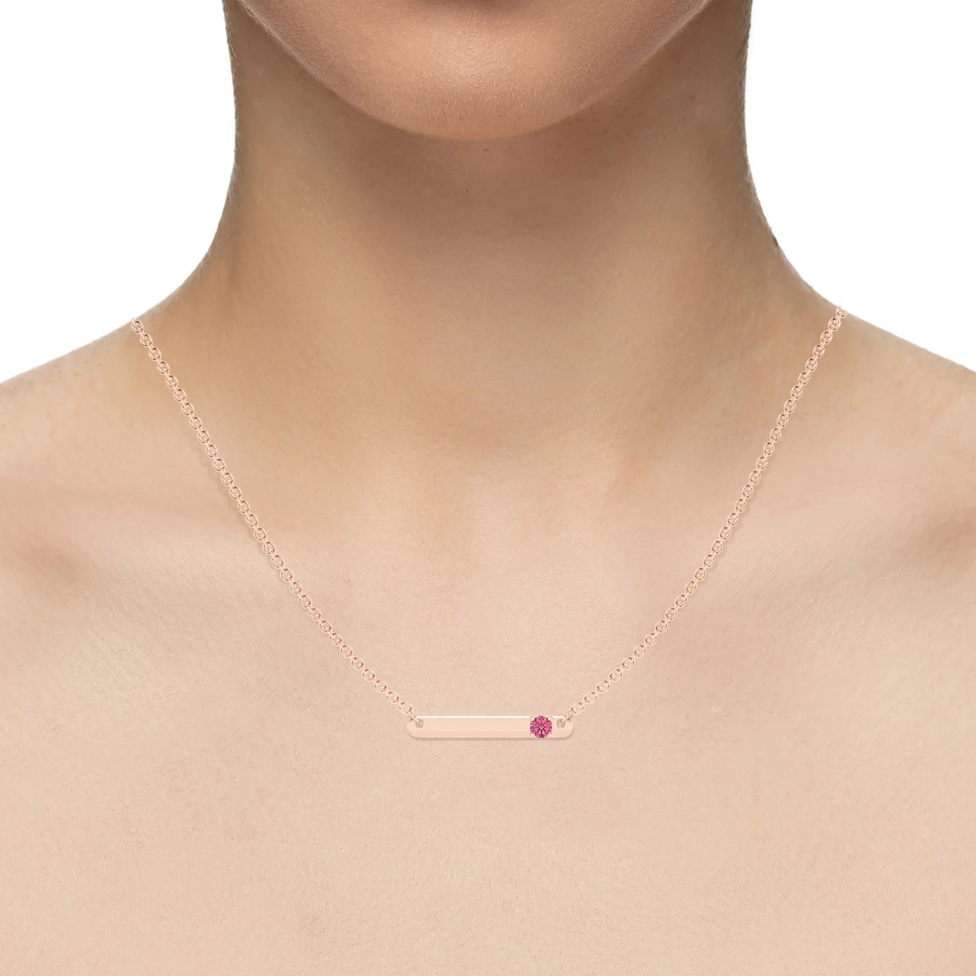 lab grown pink-tourmaline round bar v-bale necklaces in rose gold