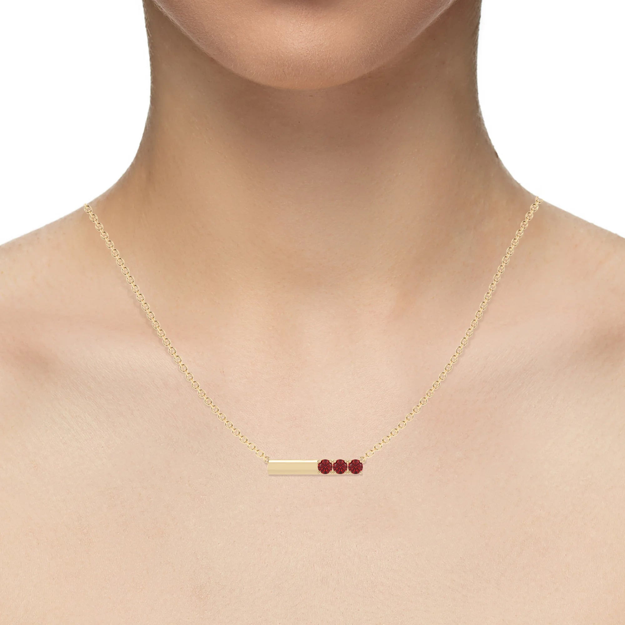 lab grown ruby round bar v-bale necklaces in yellow gold