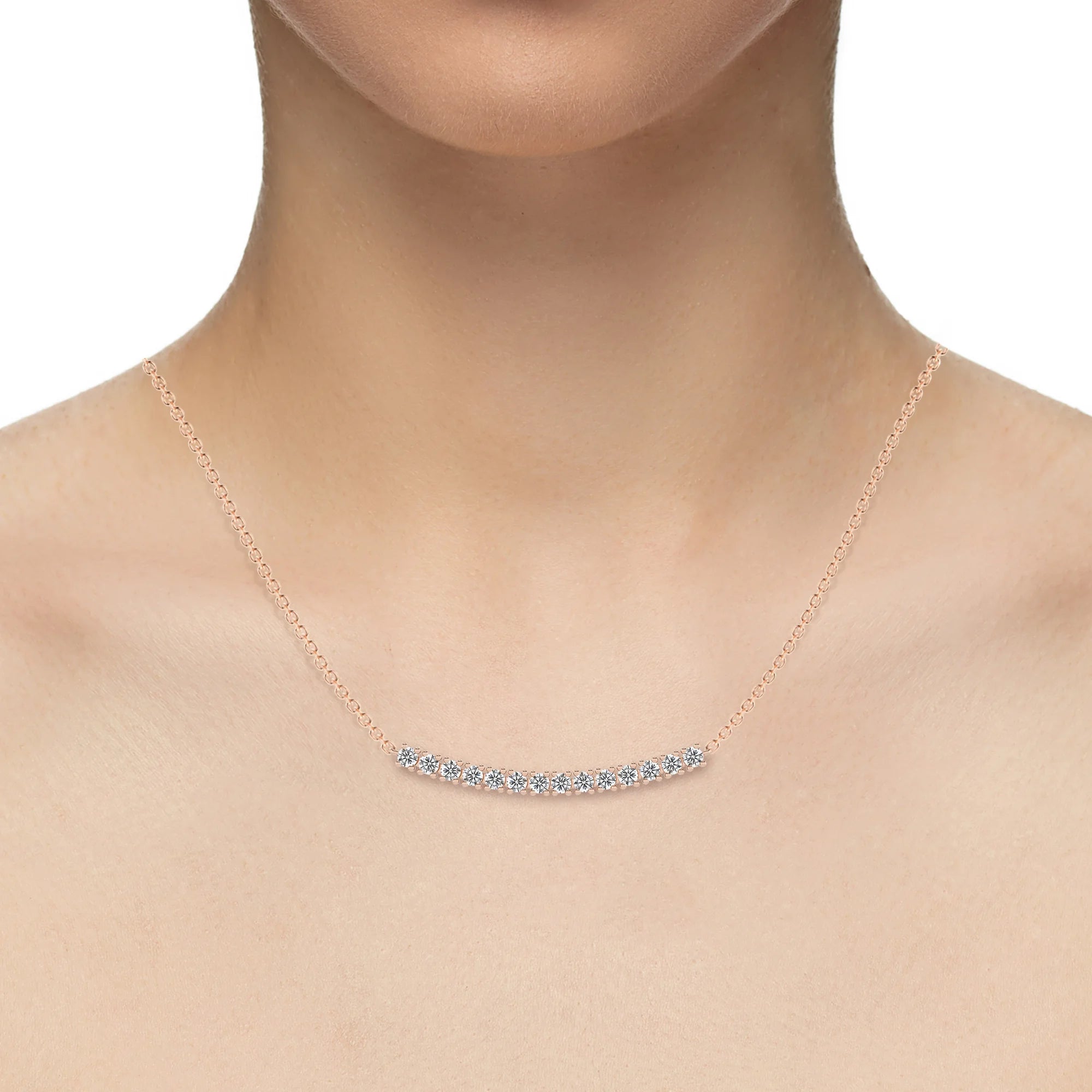 lab grown moissanite round bar necklaces in rose gold