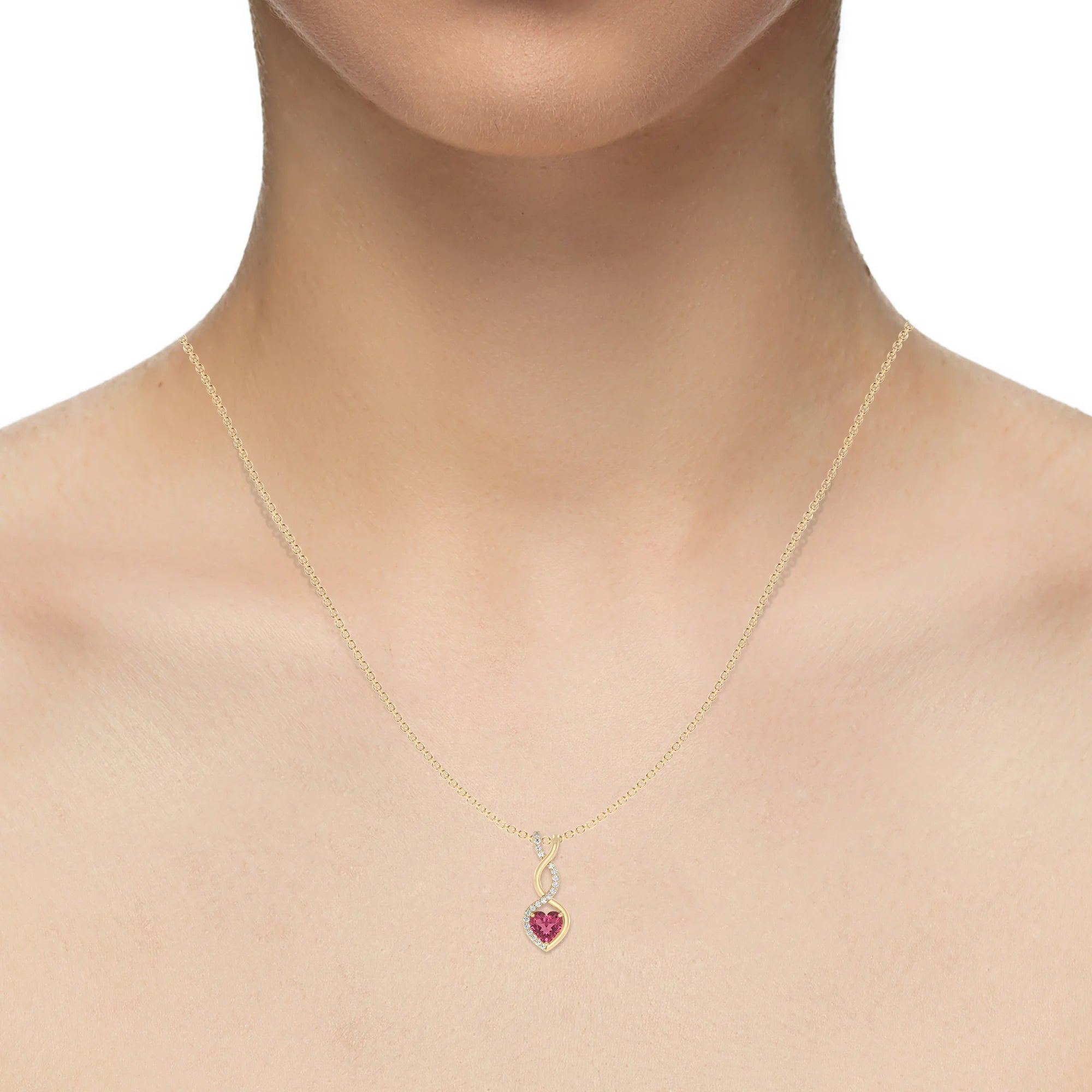 lab grown pink-tourmaline heart infinity necklaces in yellow gold