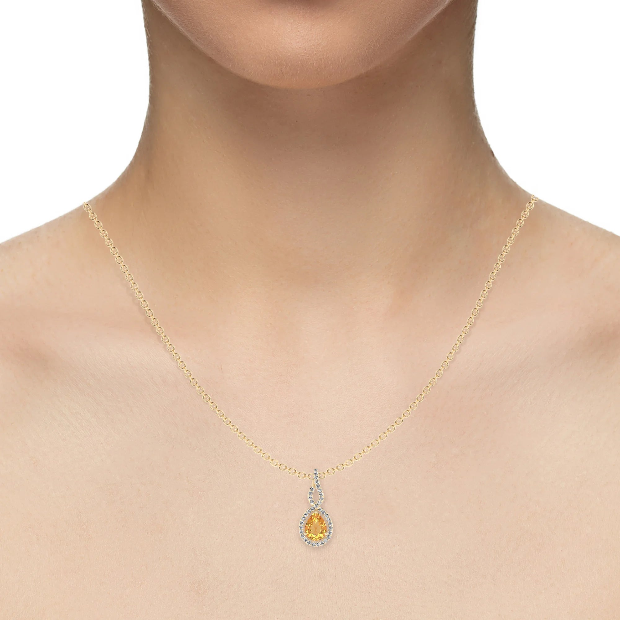 lab grown citrine pear necklaces in yellow gold