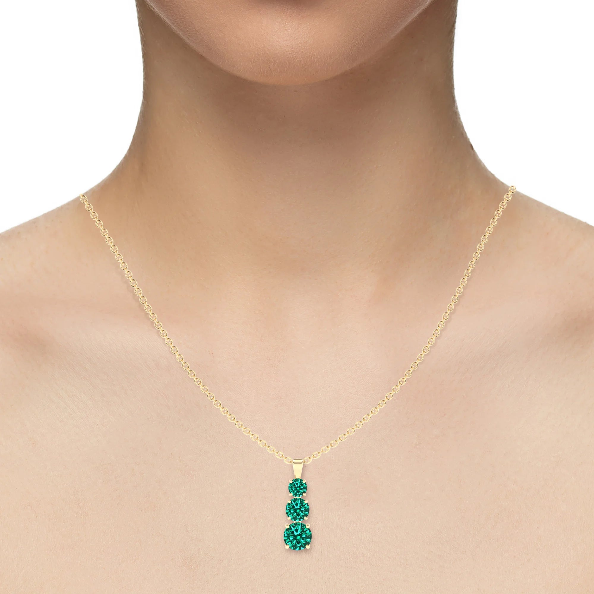 lab grown emerald round bar v-bale necklaces in yellow gold