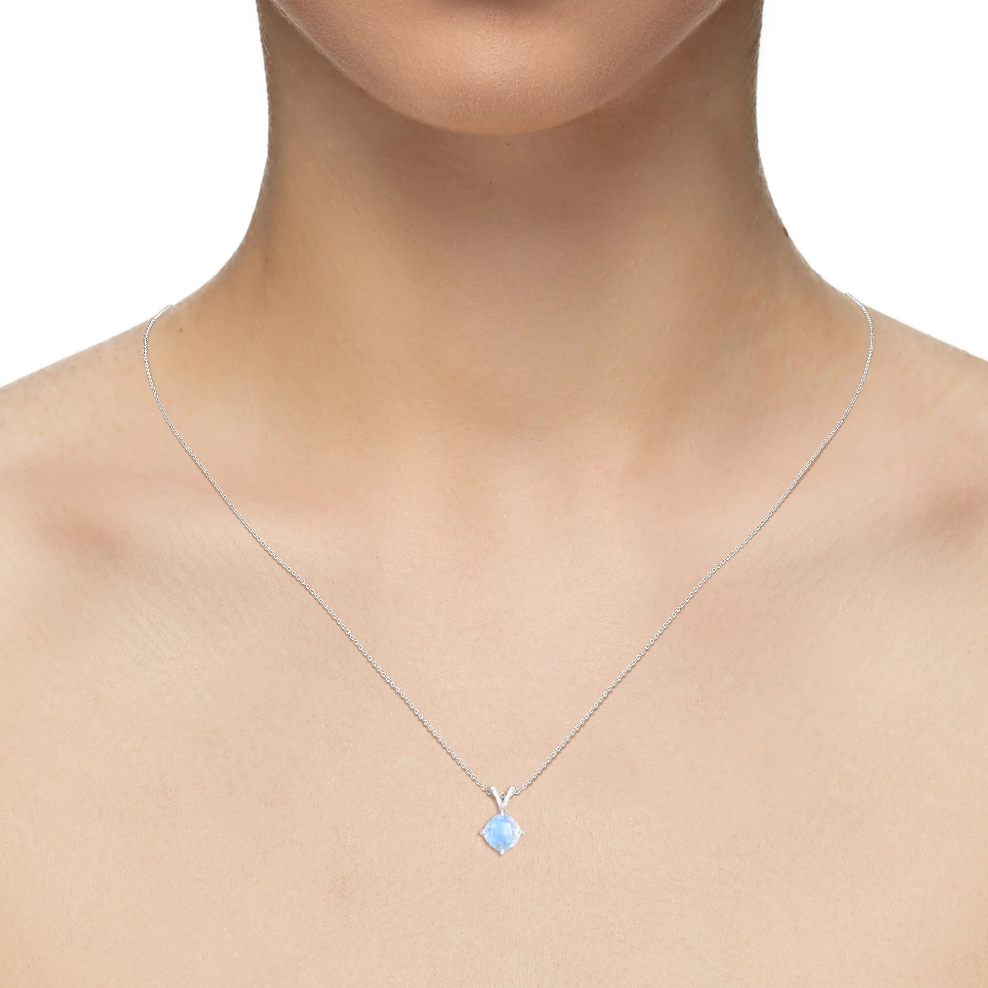 natural rainbow-moonstone cushion solitaire v-bale necklaces in white gold