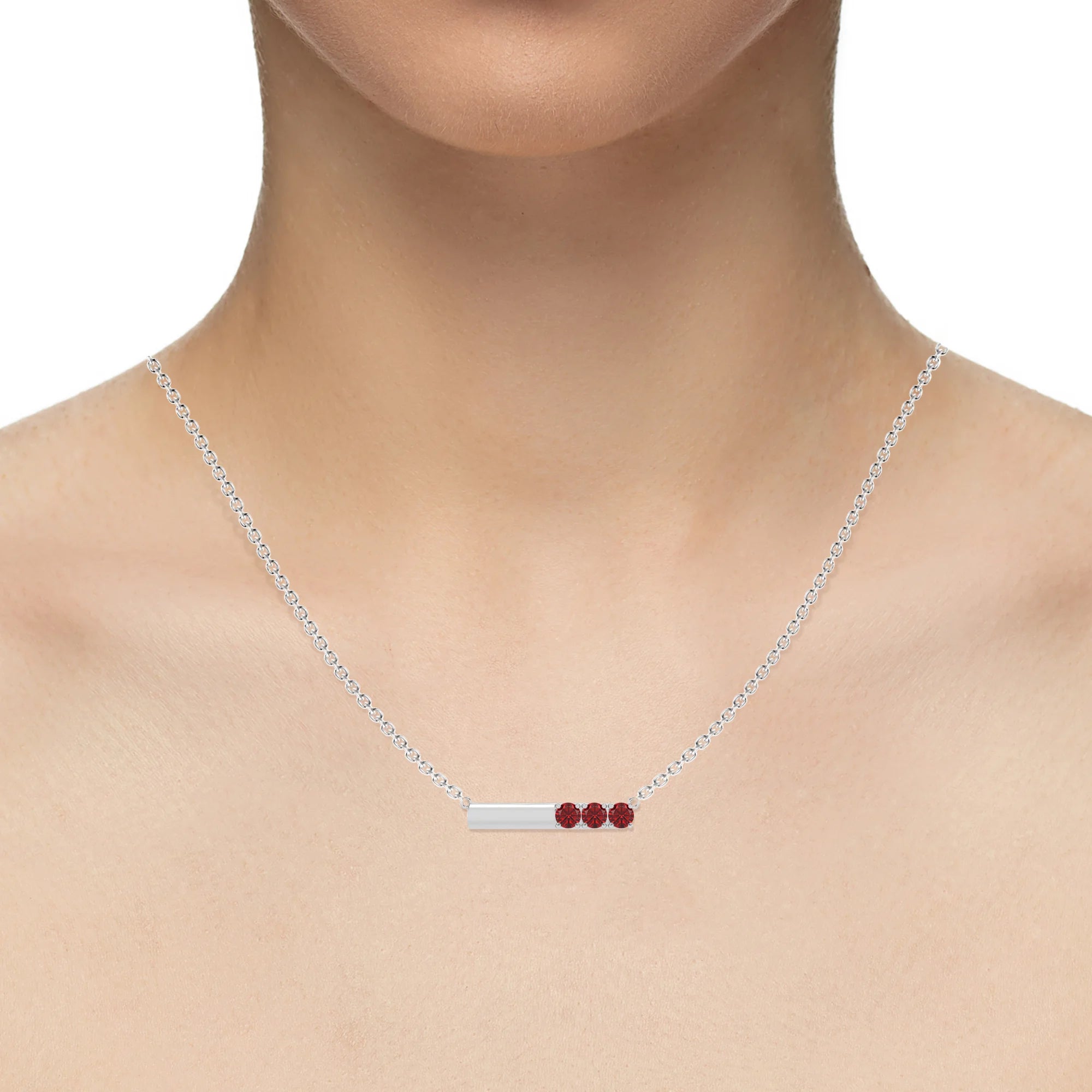lab grown ruby round bar v-bale necklaces in sterling silver