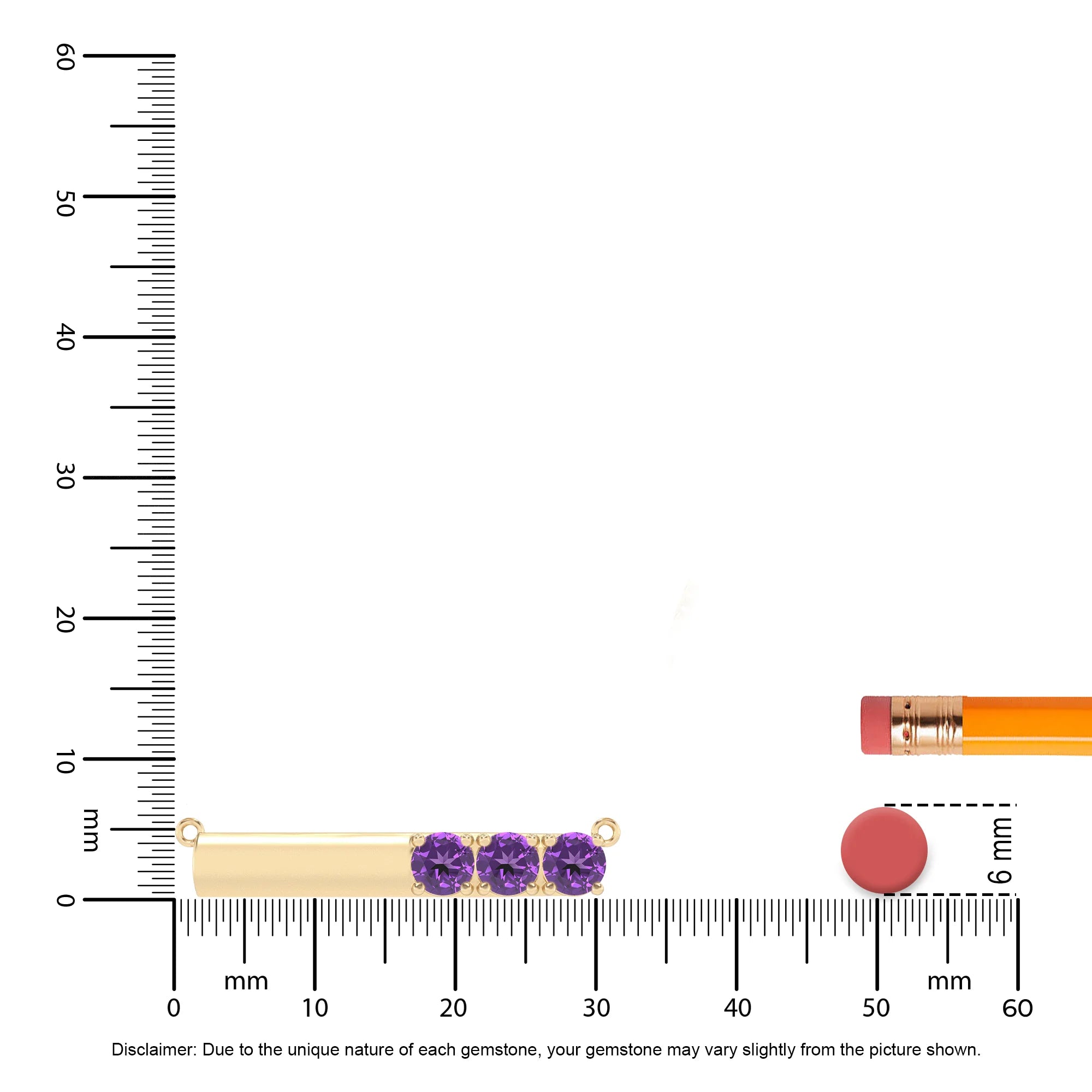 lab grown amethyst round bar v-bale necklaces in yellow gold