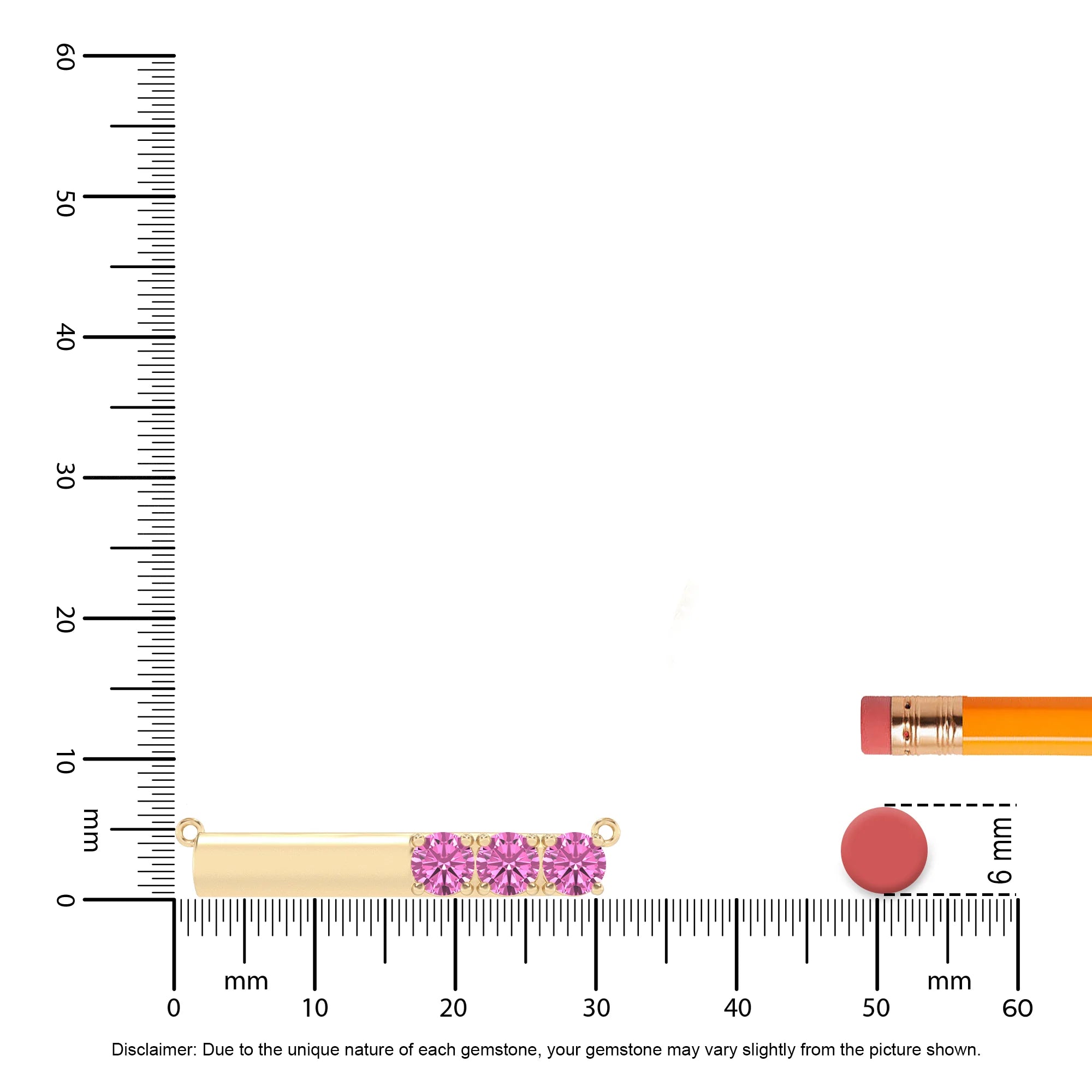lab grown pink-sapphire round bar v-bale necklaces in yellow gold