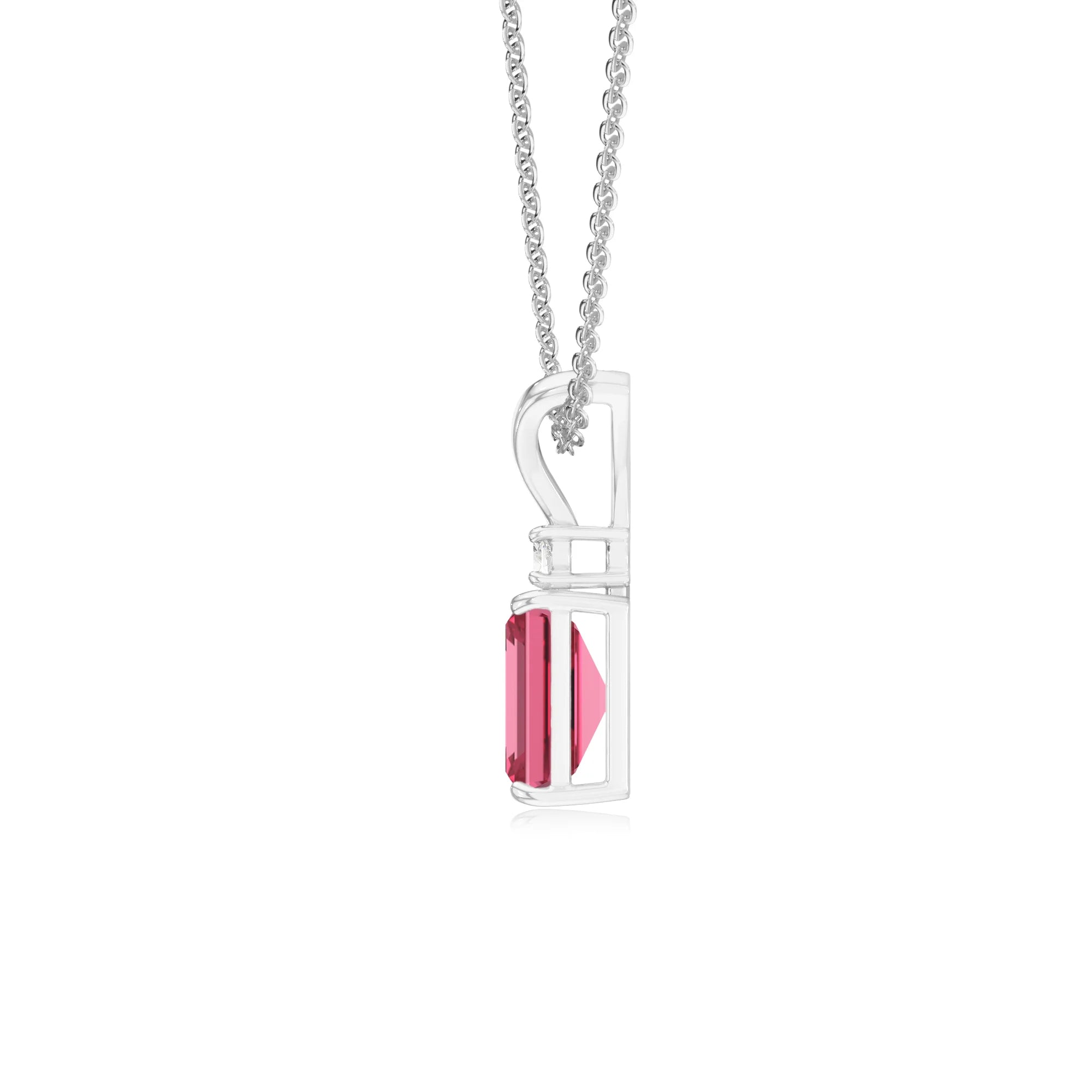 lab grown pink-tourmaline emerald cut solitaire v-bale necklaces in white gold