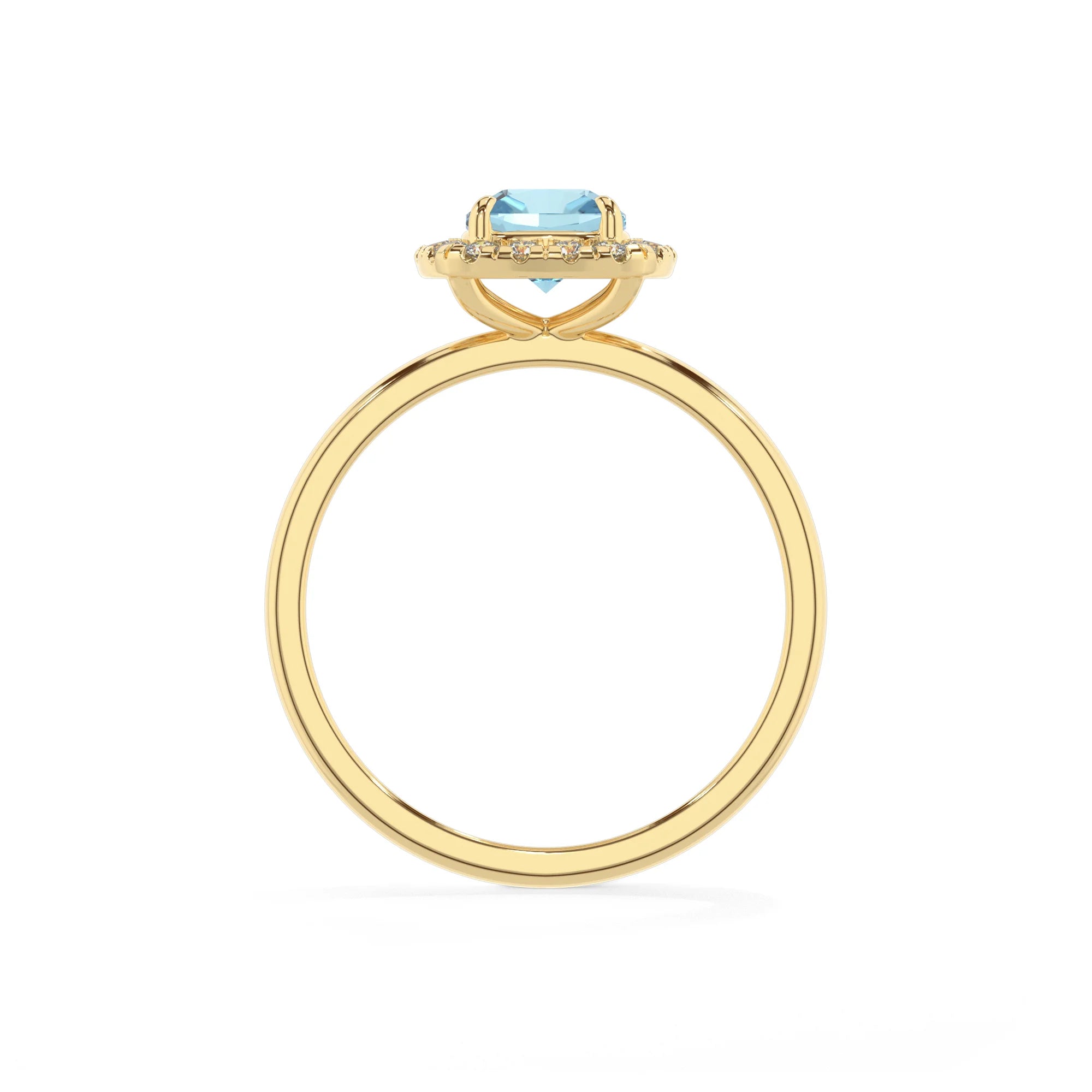 lab grown aquamarine cushion solitaire rings in yellow gold