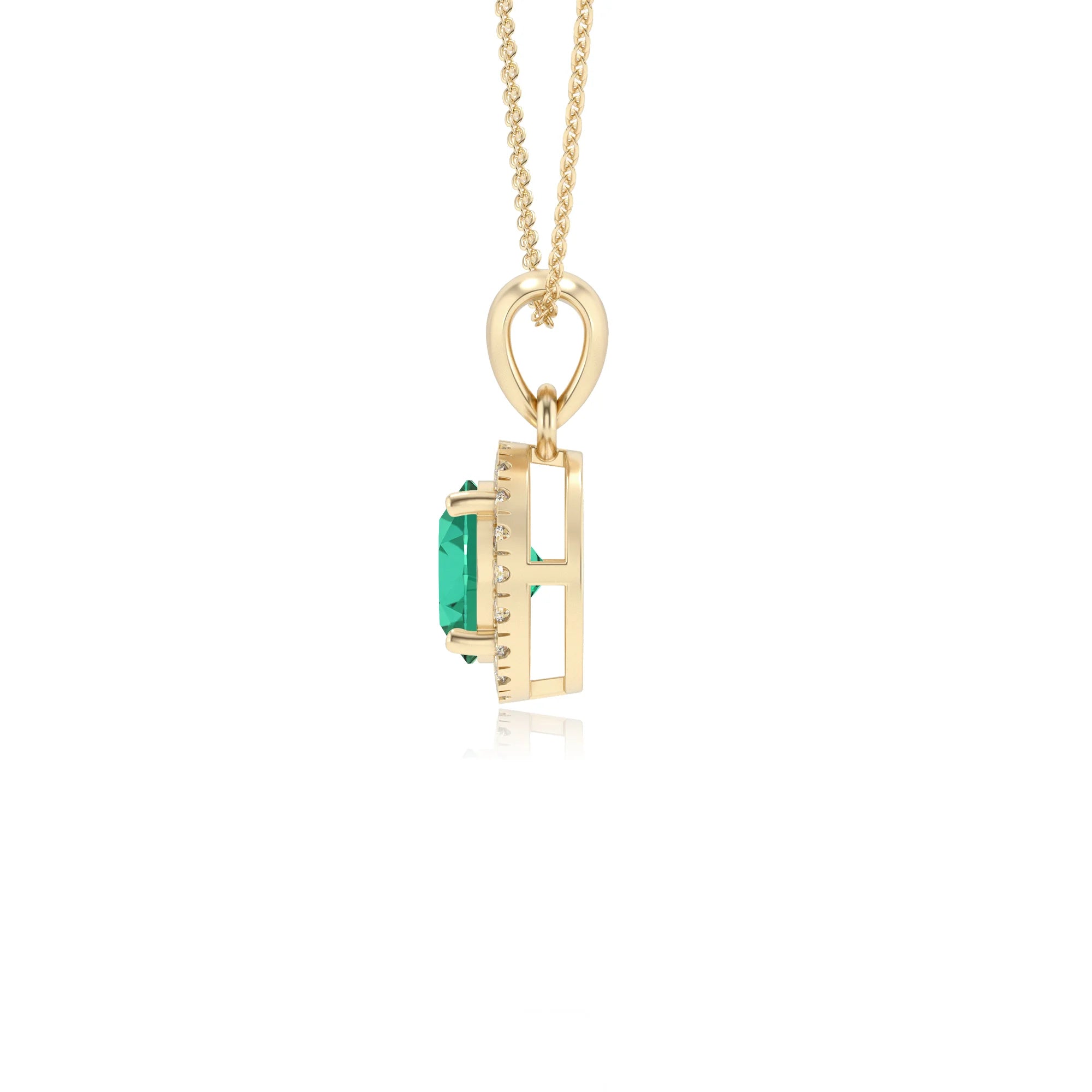 lab grown emerald round solitaire necklaces in yellow gold