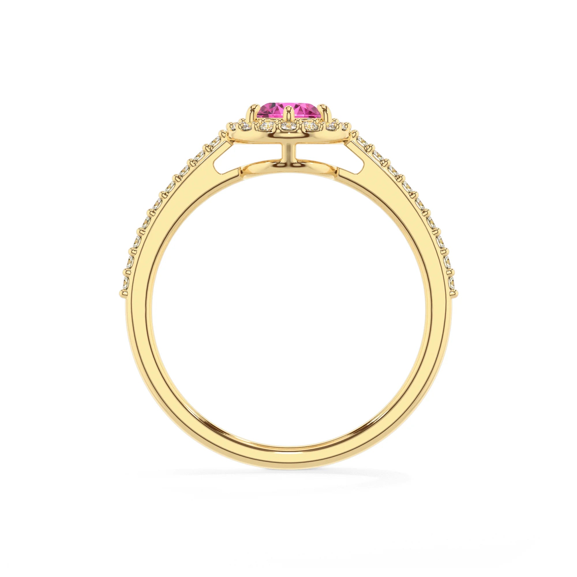 lab grown pink-sapphire pear solitaire rings in yellow gold