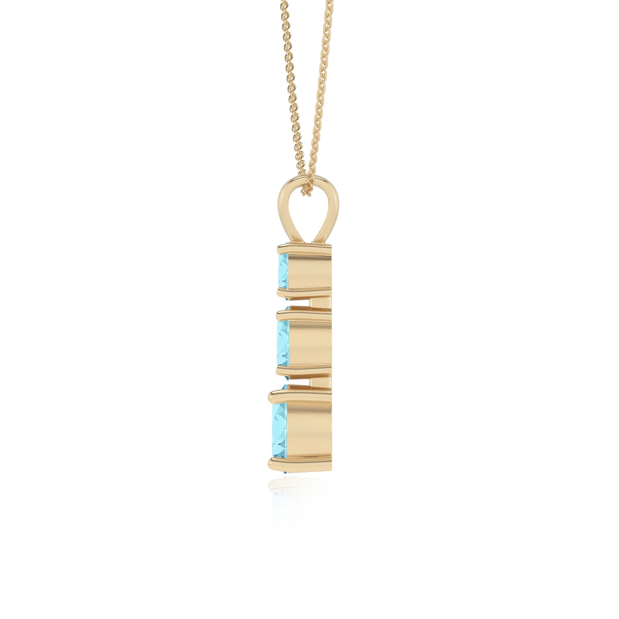 lab grown aquamarine round bar v-bale necklaces in yellow gold