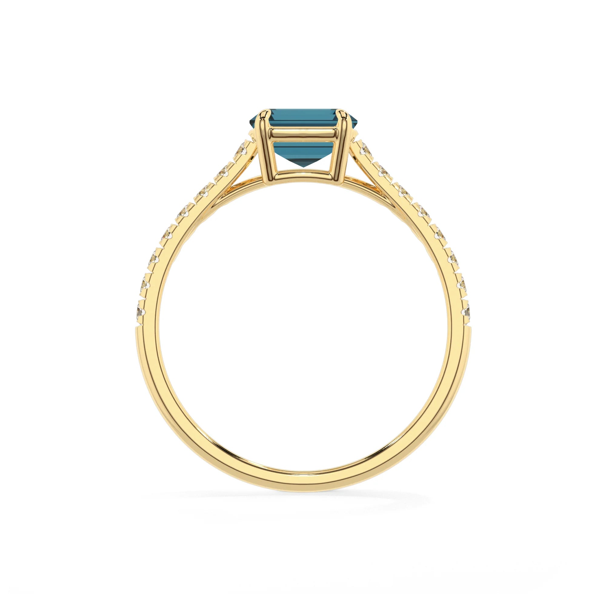 natural london-blue-topaz emerald cut half eternity solitaire engagement rings in yellow gold