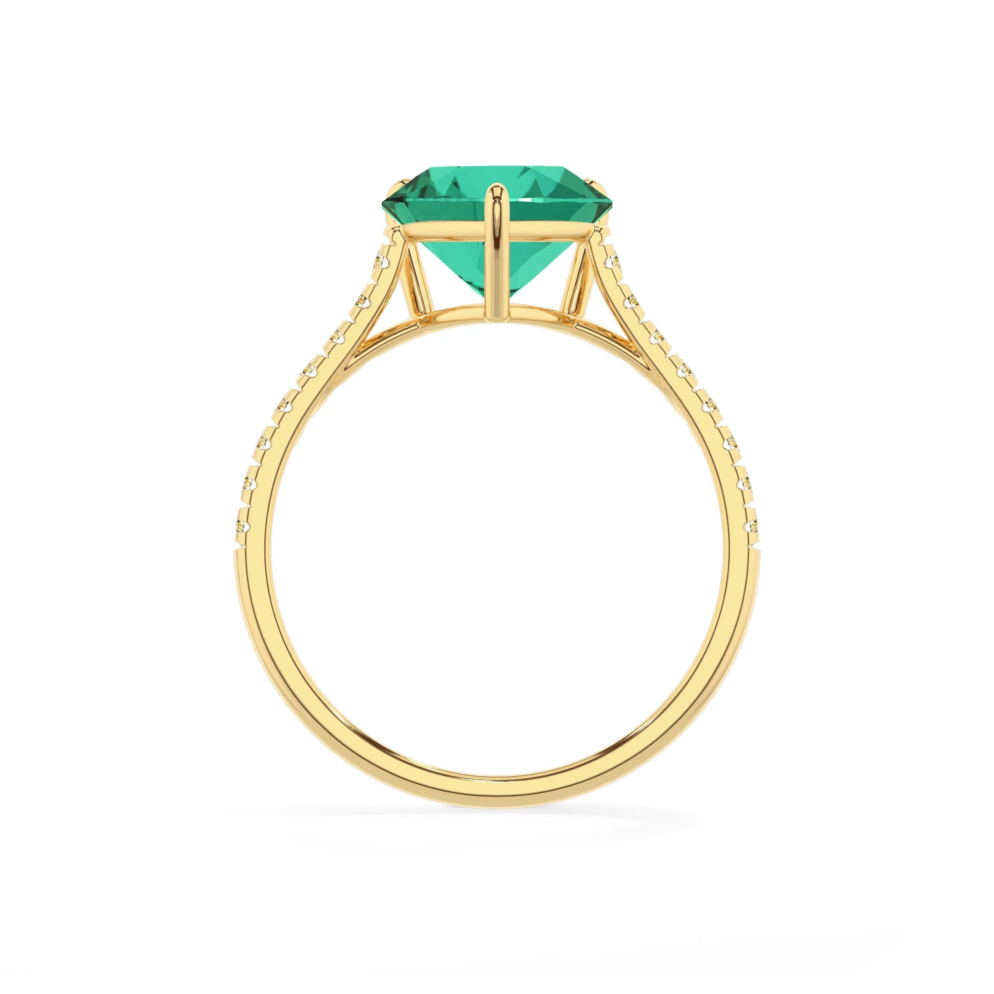 lab grown emerald heart half eternity solitaire engagement rings in yellow gold