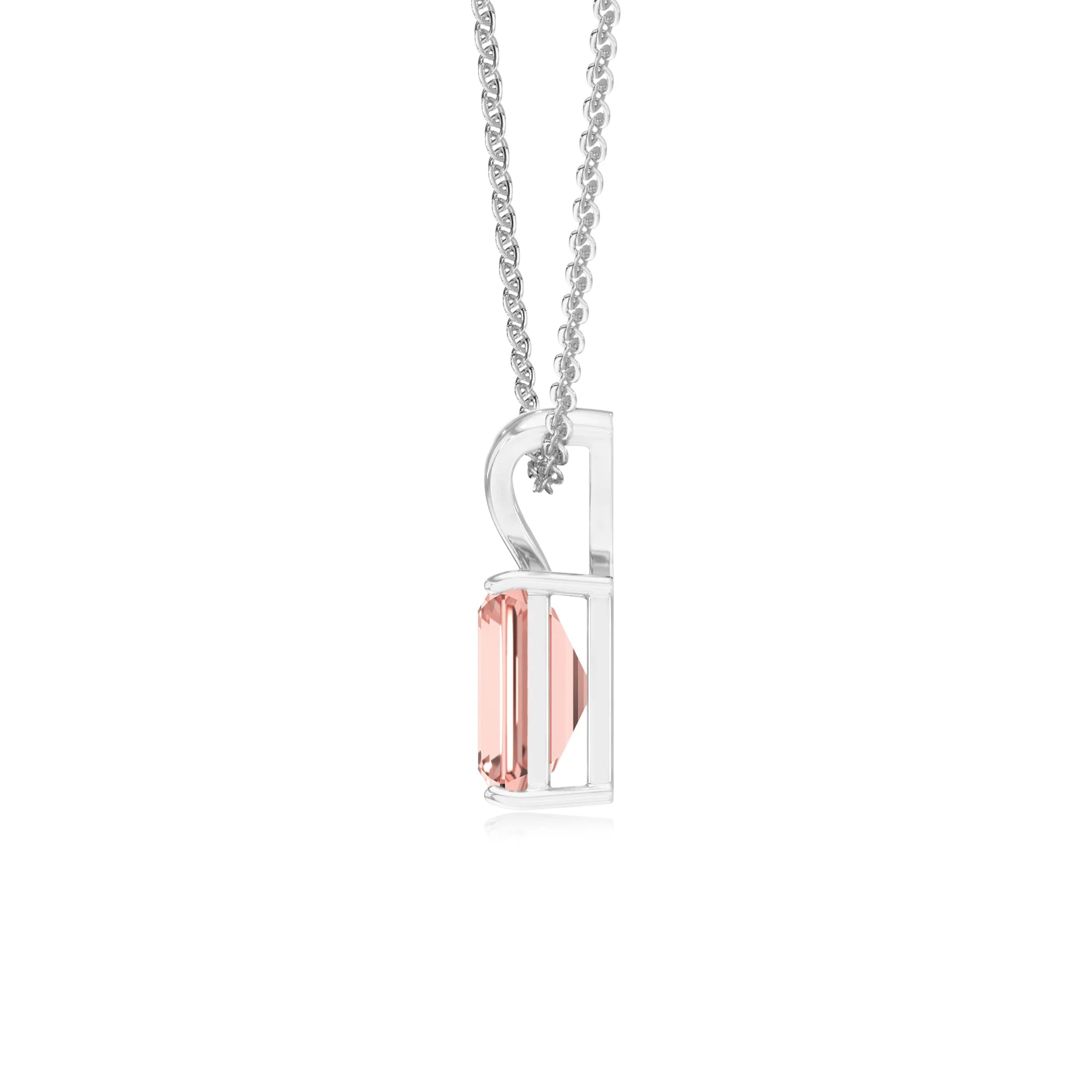 lab grown morganite emerald cut solitaire v-bale necklaces in platinum